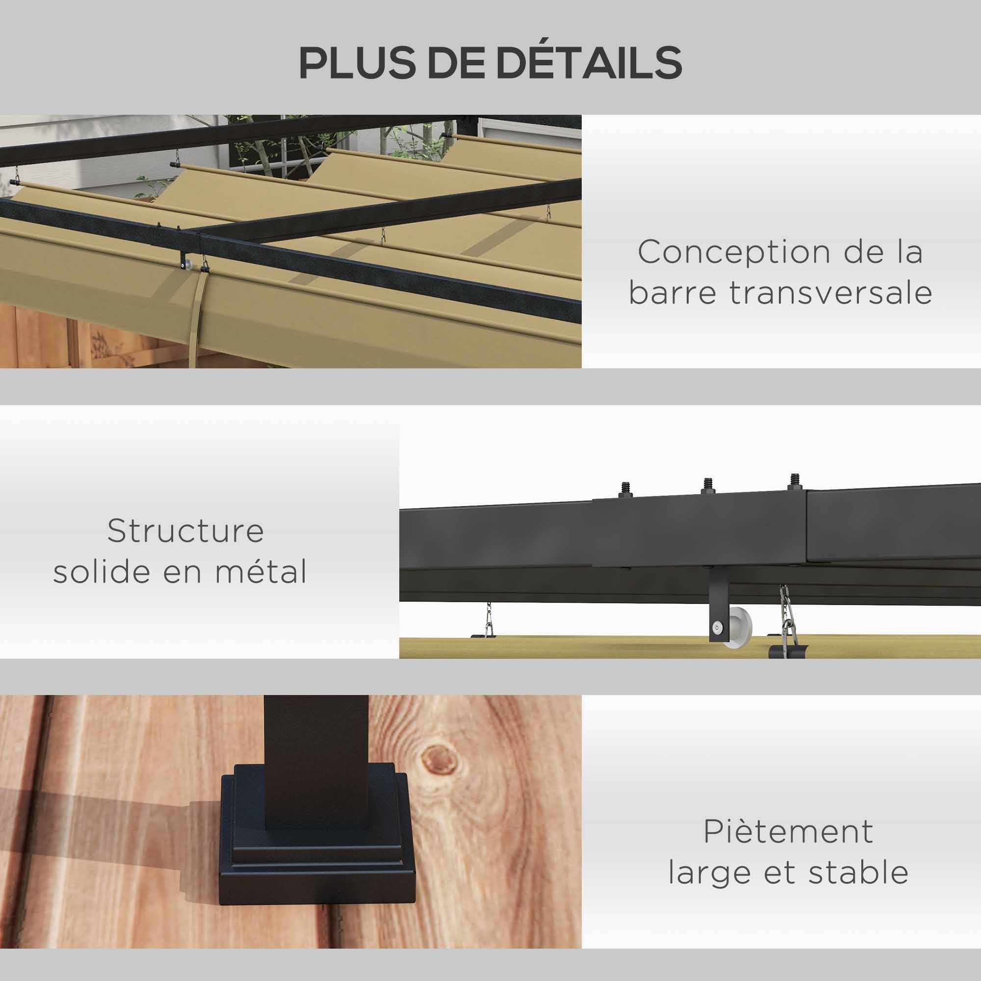 Pergola toit rétractable métal extérieur ombrage modulable 298x213cm kaki - ComfortXL Outdoor Living - Image 8