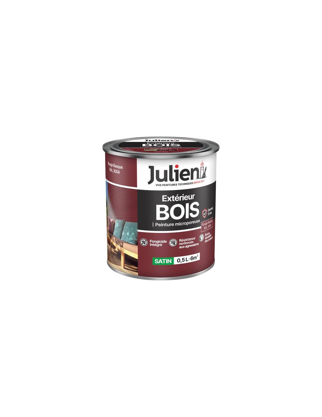 Julien - Peinture Bois Rouge Basque Julien 0.5l Microporeuse, Bois, Rouge Basque, Protection Durable - Julien