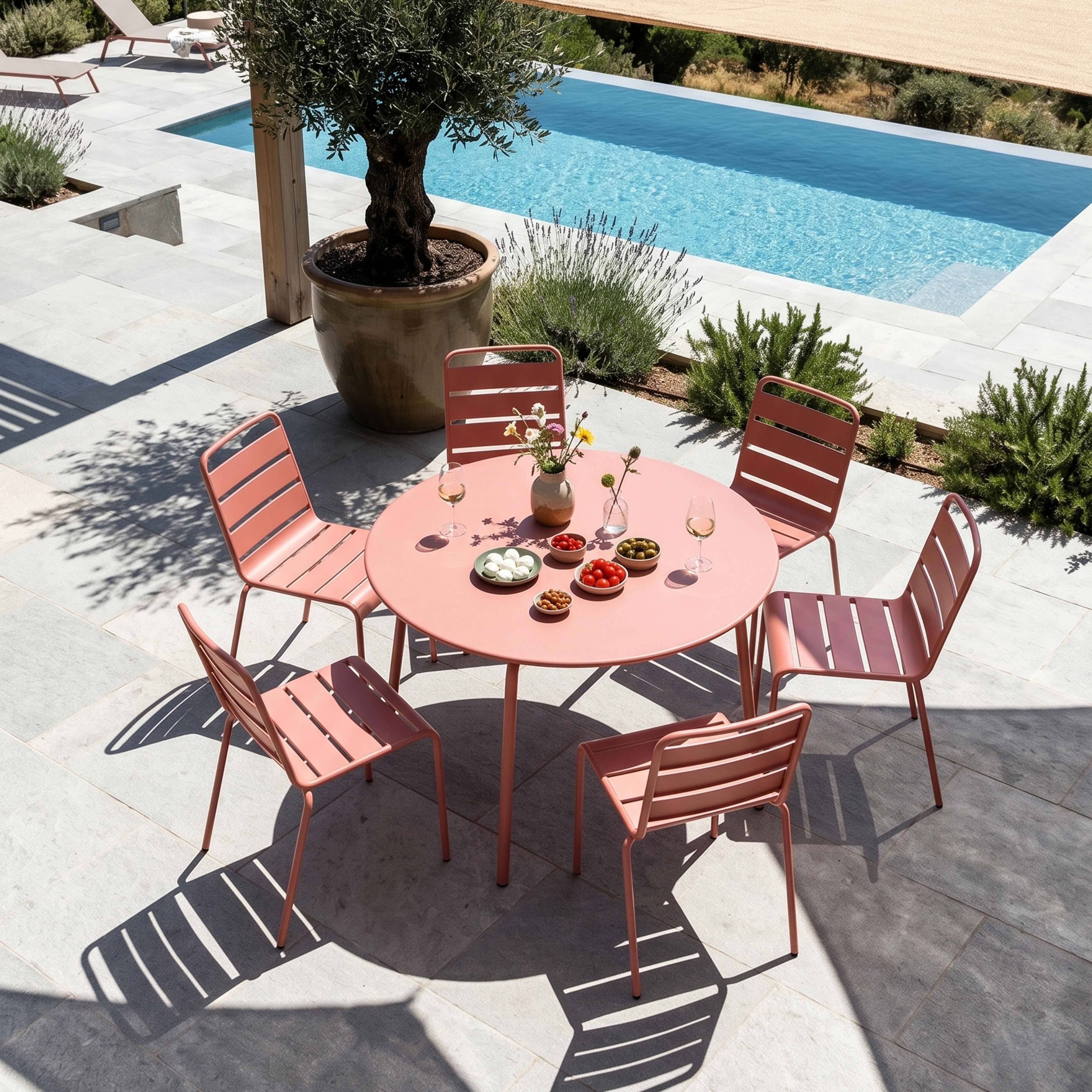 Oviala - Ensemble table de jardin ronde et 6 chaises en métal argile Palavas - Oviala - Imagen 2