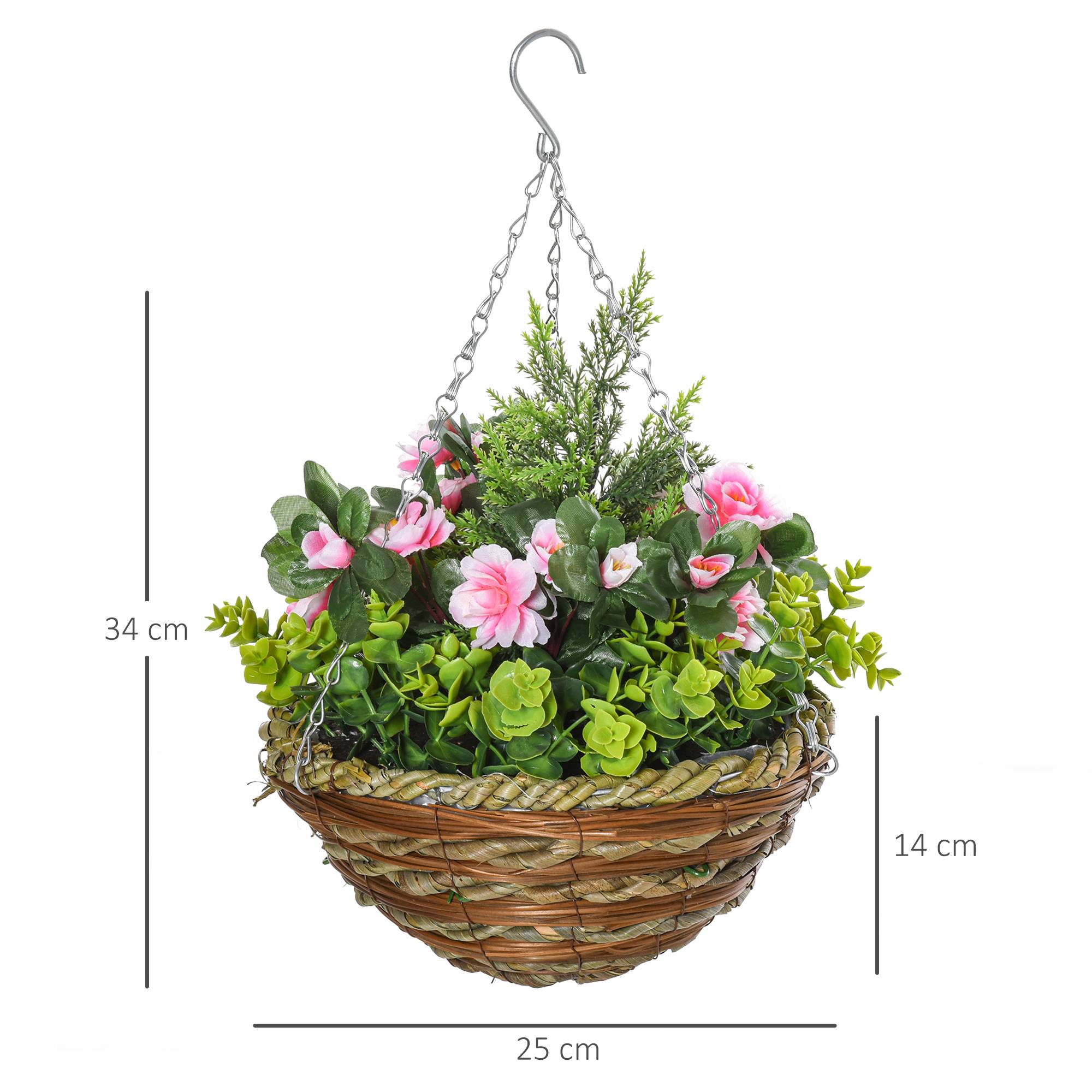 Sans Marque - Lot de 2 lisianthus artificiels avec pot et crochet, plantes artificielles en PE et osier, Ø 25 x 34 cm, vert et rose - Image 5