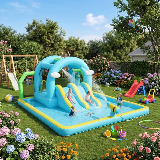 Château aquatique gonflable 7-en-1 souffleur 2 toboggans trampoline piscine basket et colonne boxe 426 × 360 × 198 cm - Image 3