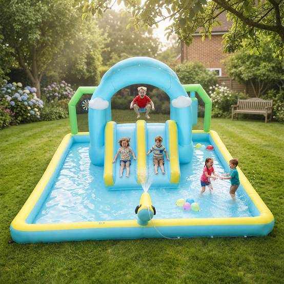 Château aquatique gonflable 7-en-1 souffleur 2 toboggans trampoline piscine basket et colonne boxe 426 × 360 × 198 cm - Image 4