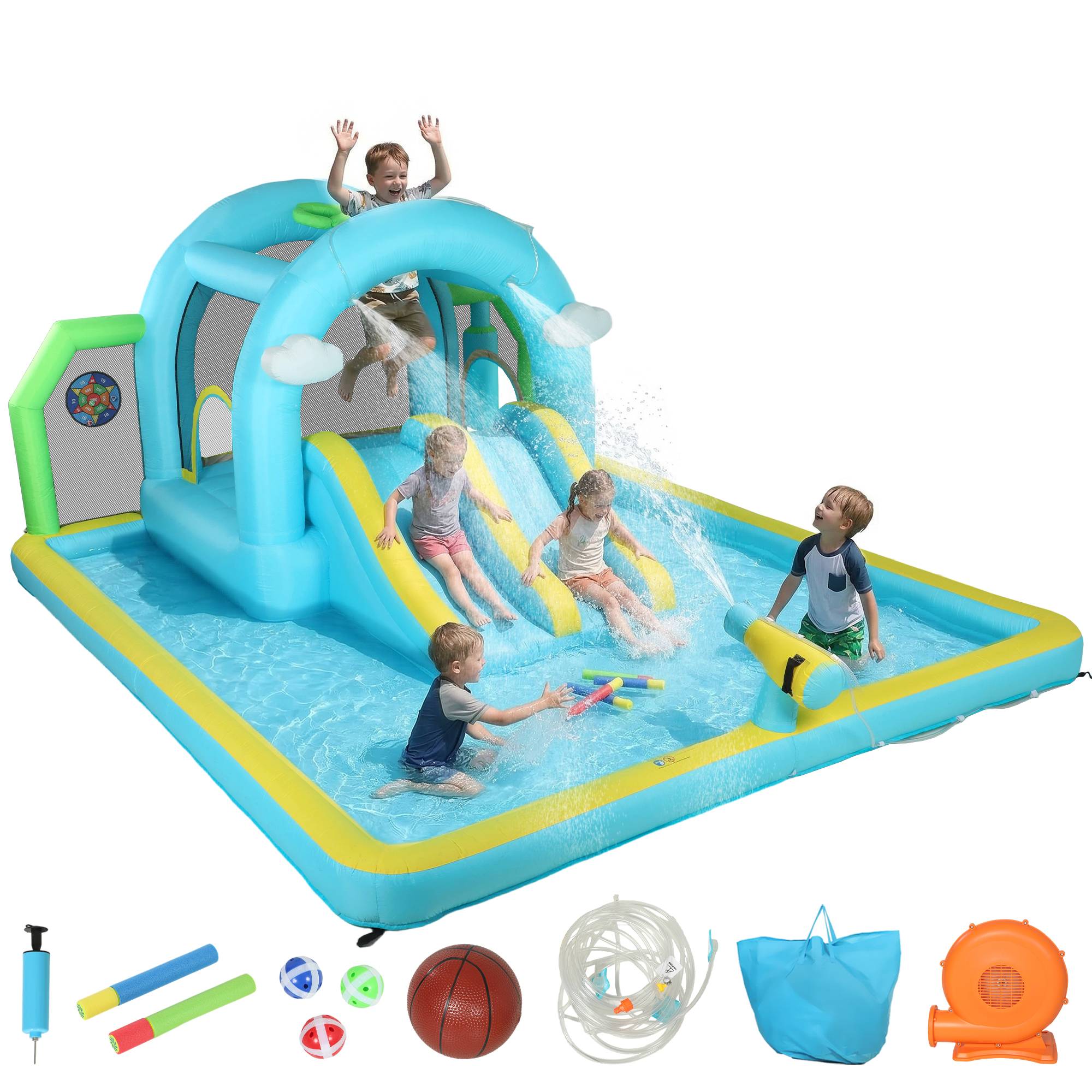 Château aquatique gonflable 7-en-1 souffleur 2 toboggans trampoline piscine basket et colonne boxe 426 × 360 × 198 cm - Image 1