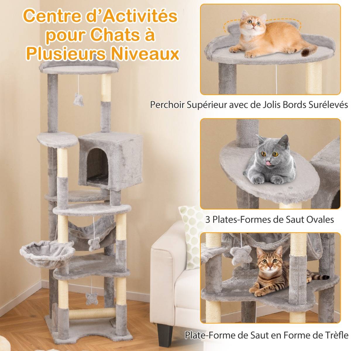 Maison Chic - Arbre à Chat Multi-niveaux de 176cm avec Perchoir Supérieur Condo Confortable Panier Hamac Poteaux - Image 5