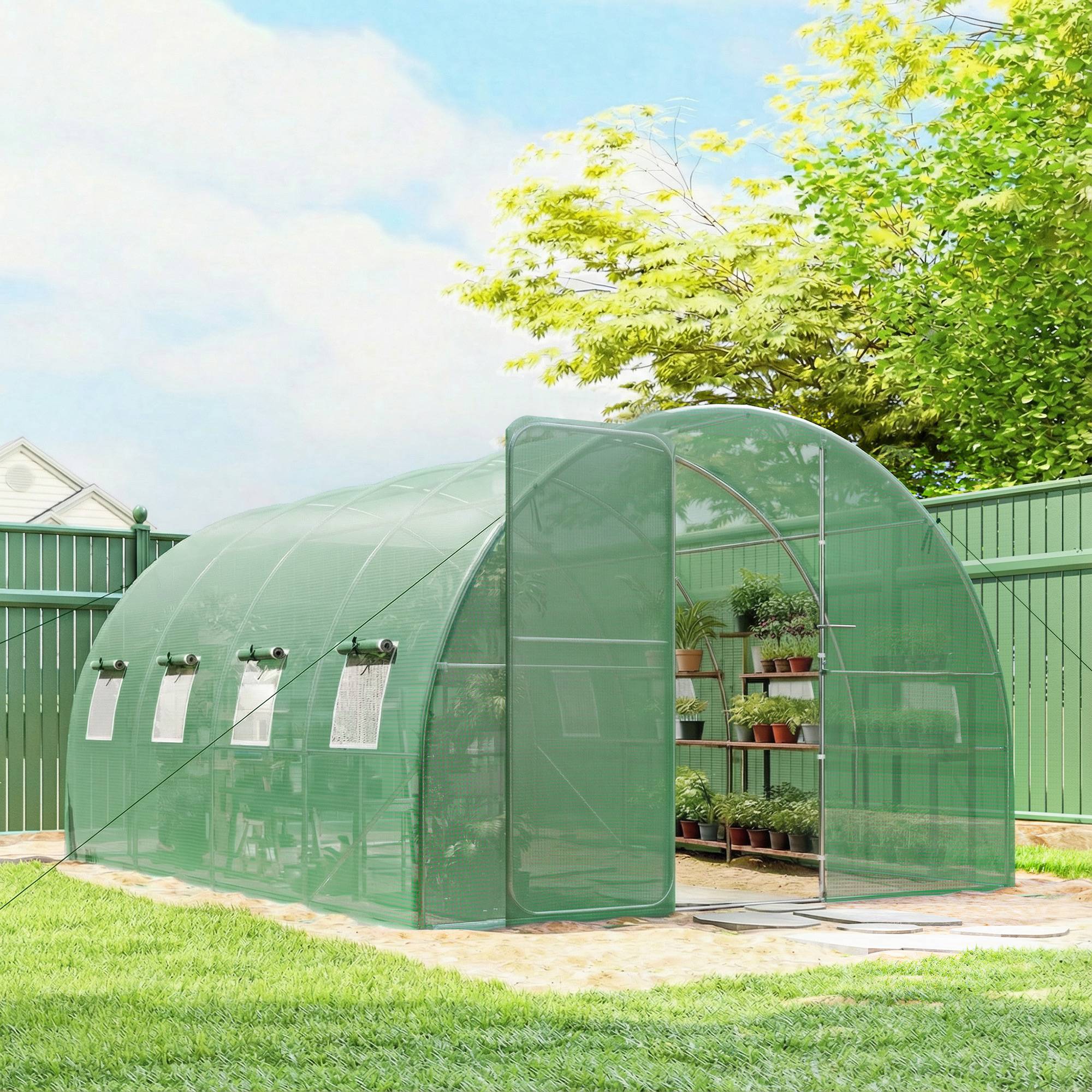 Serre tunnel de jardin 12m², serre de jardin tunnel 295x400x200cm porte et 8 fenêtres, bâche PE 140 g/m² vert - Image 4