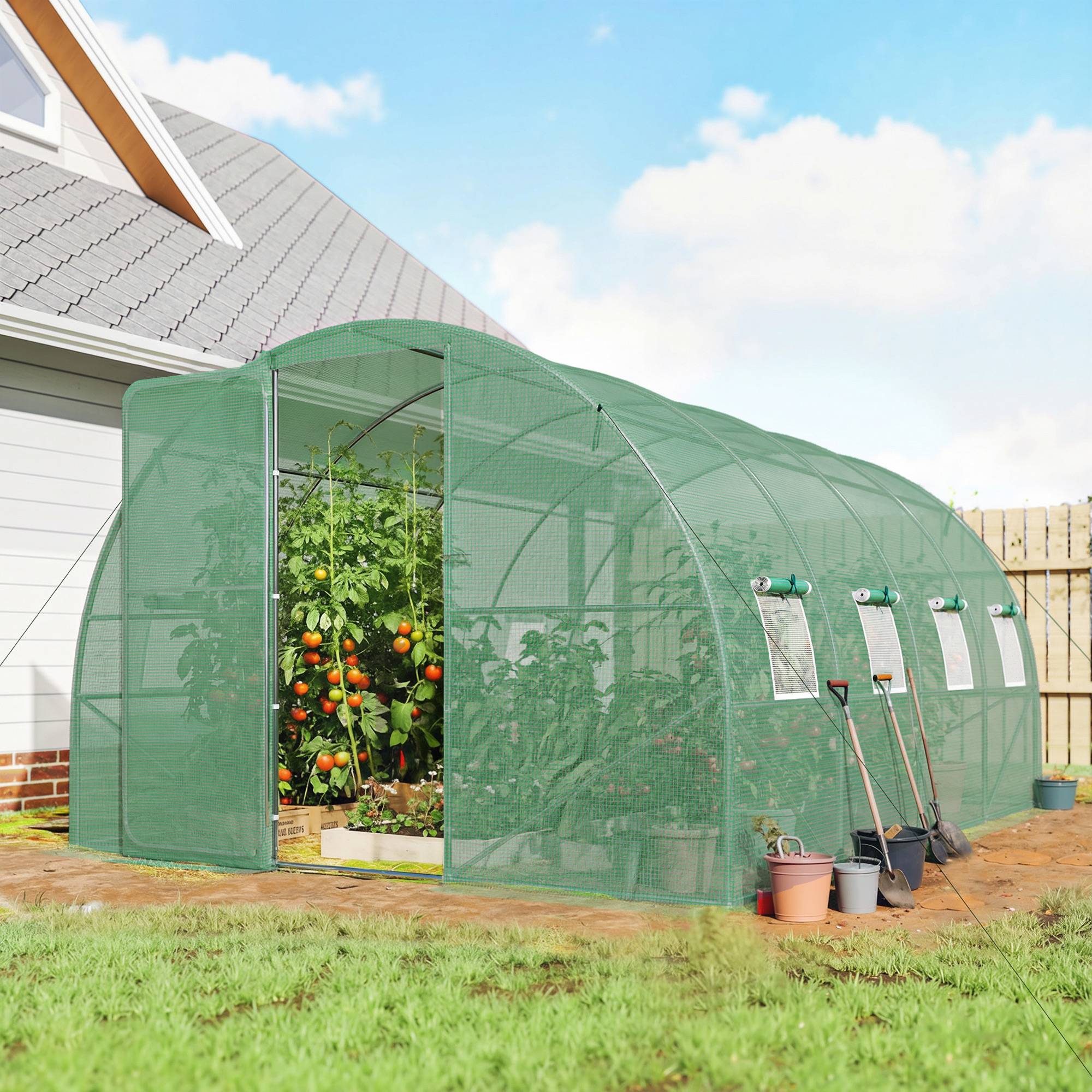 Serre tunnel de jardin 12m², serre de jardin tunnel 295x400x200cm porte et 8 fenêtres, bâche PE 140 g/m² vert - Image 3