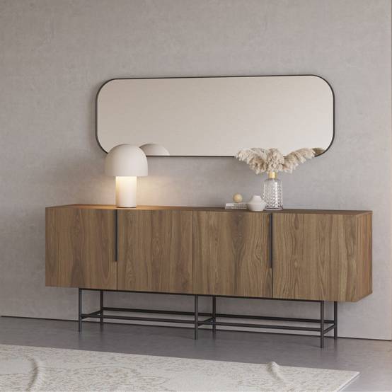 Buffet 4 portes en mélaminé imitation bois et piètement et poignées en métal laqué noir - ALDINE - Image 2