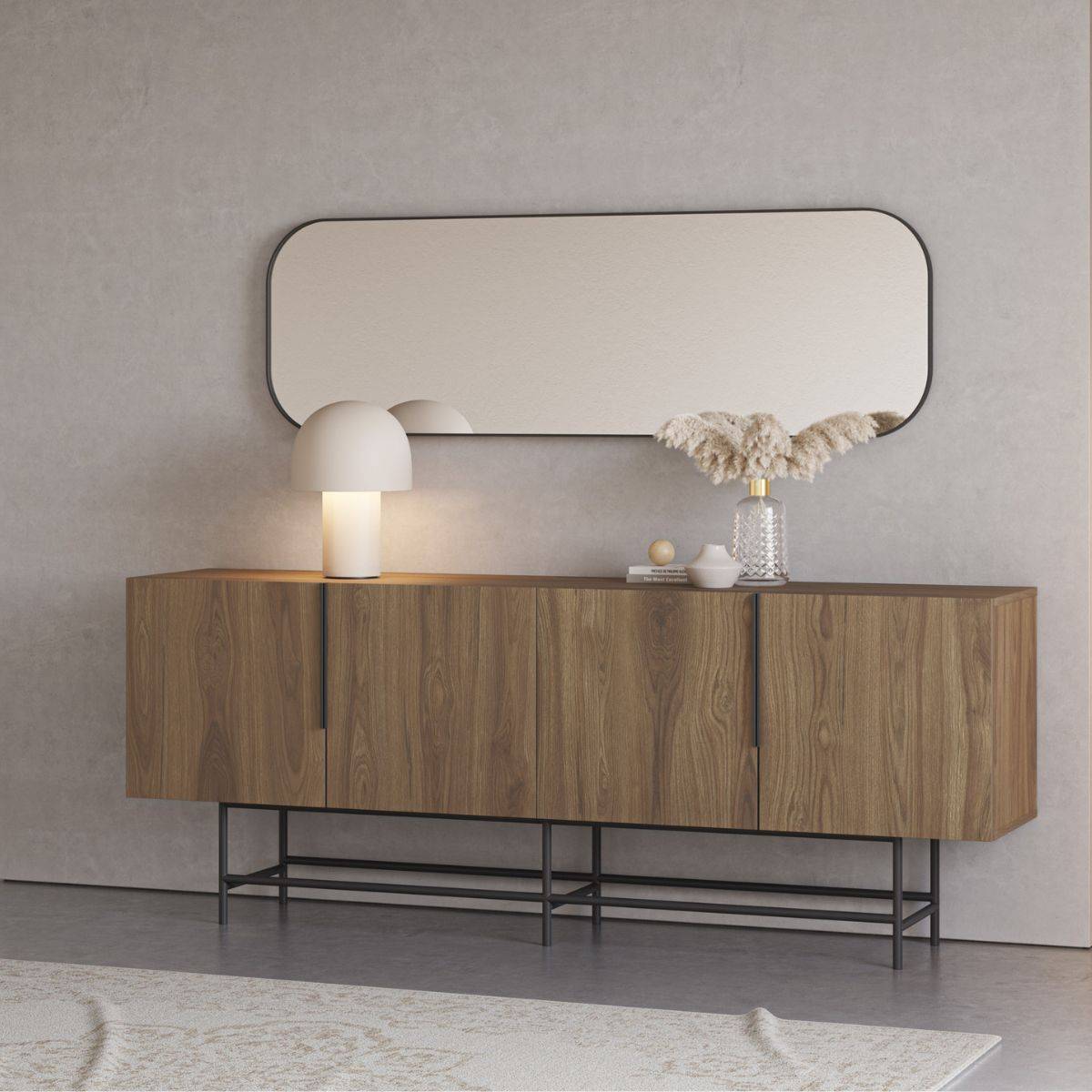 Buffet 4 portes en mélaminé imitation bois et piètement et poignées en métal laqué noir - ALDINE - Image 2