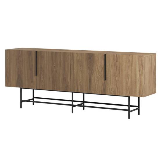Buffet 4 portes en mélaminé imitation bois et piètement et poignées en métal laqué noir - ALDINE - Image 5