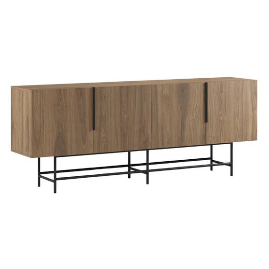 Buffet 4 portes en mélaminé imitation bois et piètement et poignées en métal laqué noir - ALDINE - Image 1