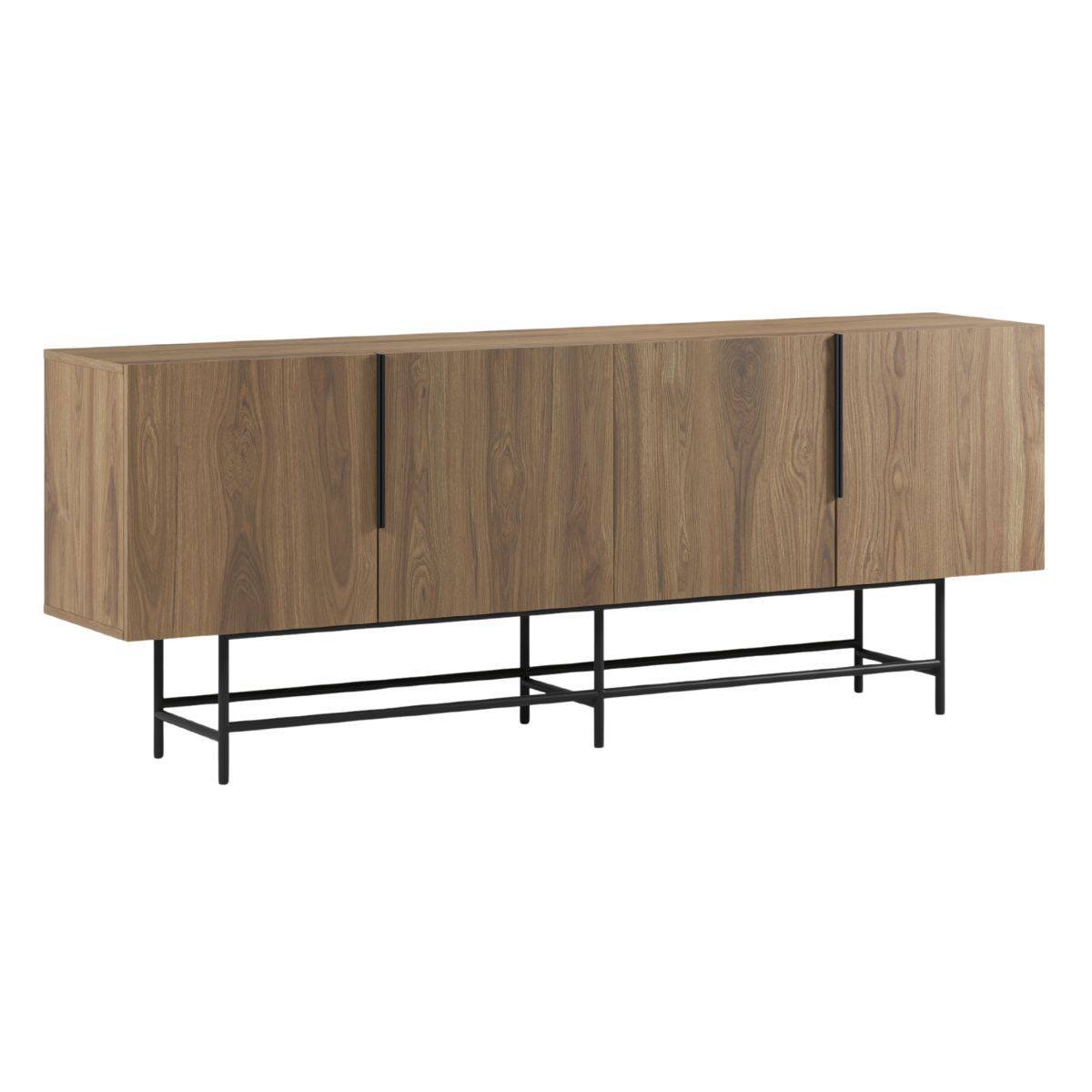 Buffet 4 portes en mélaminé imitation bois et piètement et poignées en métal laqué noir - ALDINE - Image 1