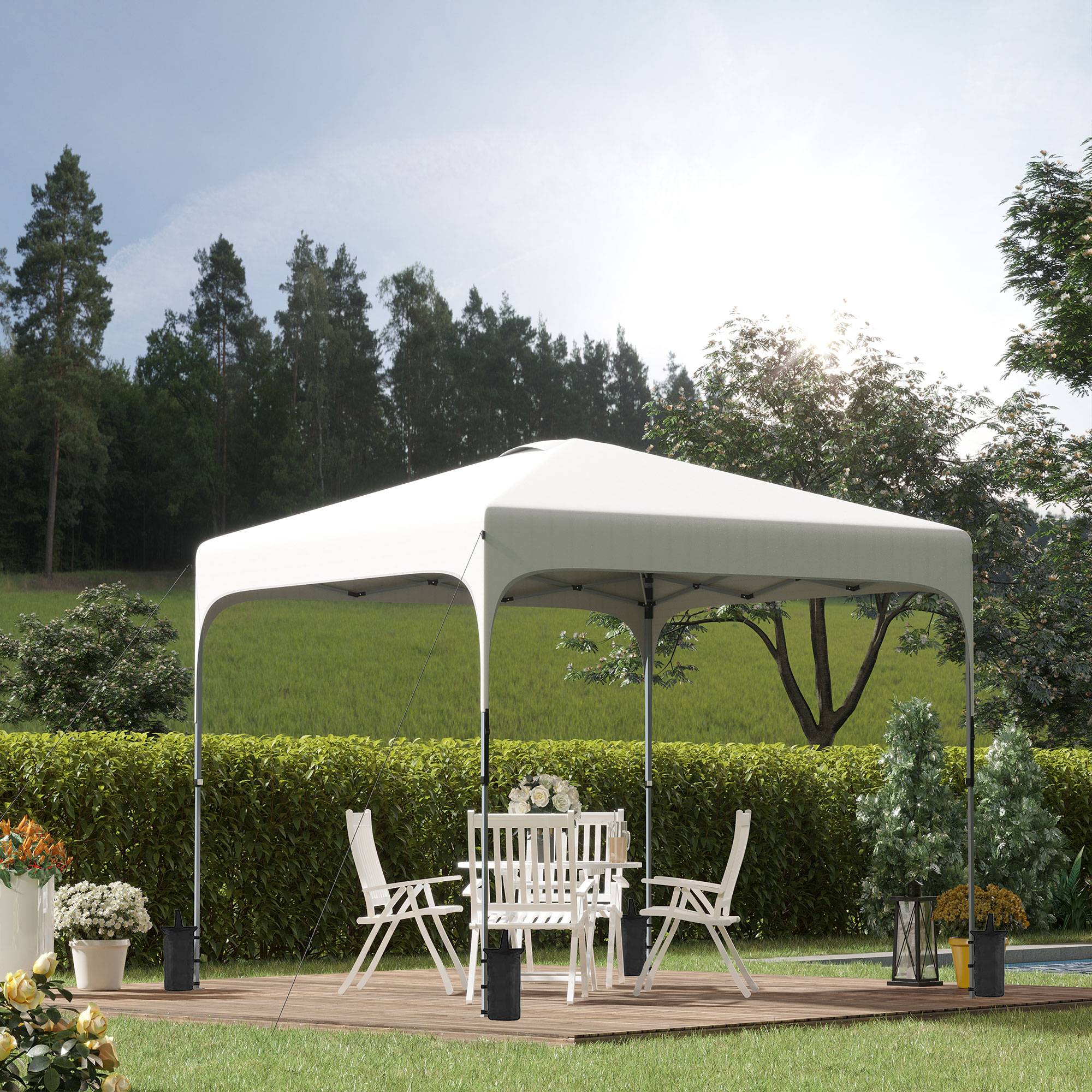 Sans Marque - Tonnelle de jardin 2,5 x 2,5 x 2,7 m, hauteur réglable, anti-UV, imperméable, 4 sacs de lestage et sac de transport, blanche - Image 4