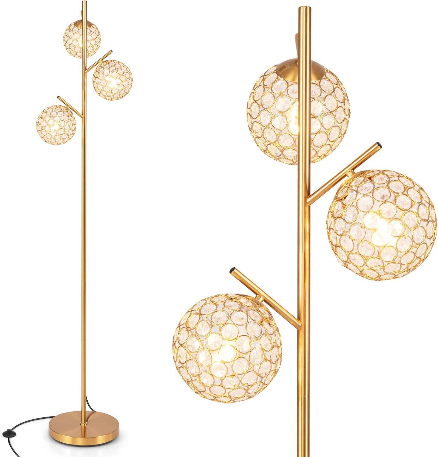COSTWAY Lampadaire sur Pied Salon, 3 Globes avec Abat-jour,3 Culots d’ampoules E27, Poteau en Métal, Lampadaire Moderne pour Salon, Chambre, Or - Imagen 1