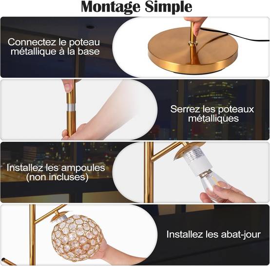 COSTWAY Lampadaire sur Pied Salon, 3 Globes avec Abat-jour,3 Culots d’ampoules E27, Poteau en Métal, Lampadaire Moderne pour Salon, Chambre, Or - Image 9