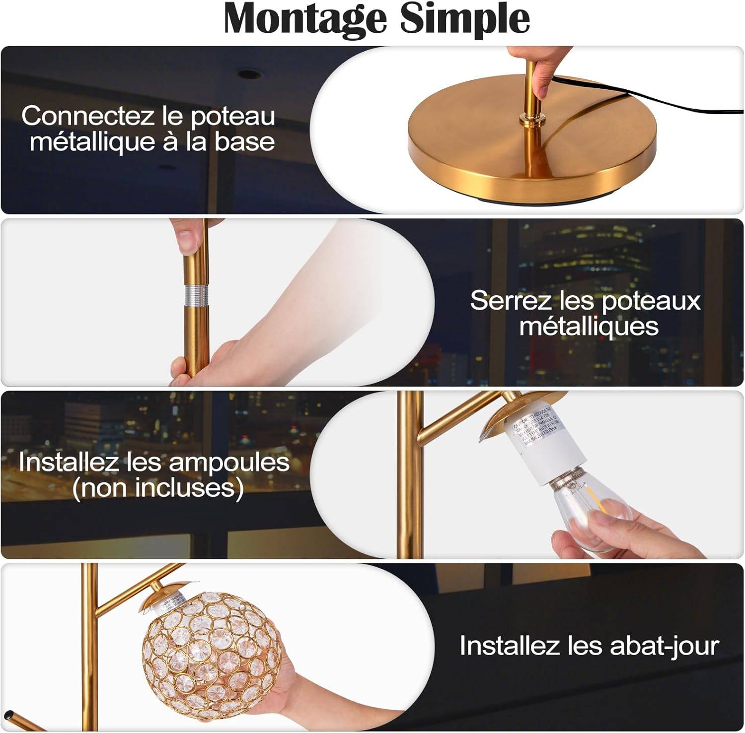 COSTWAY Lampadaire sur Pied Salon, 3 Globes avec Abat-jour,3 Culots d’ampoules E27, Poteau en Métal, Lampadaire Moderne pour Salon, Chambre, Or - Imagen 9