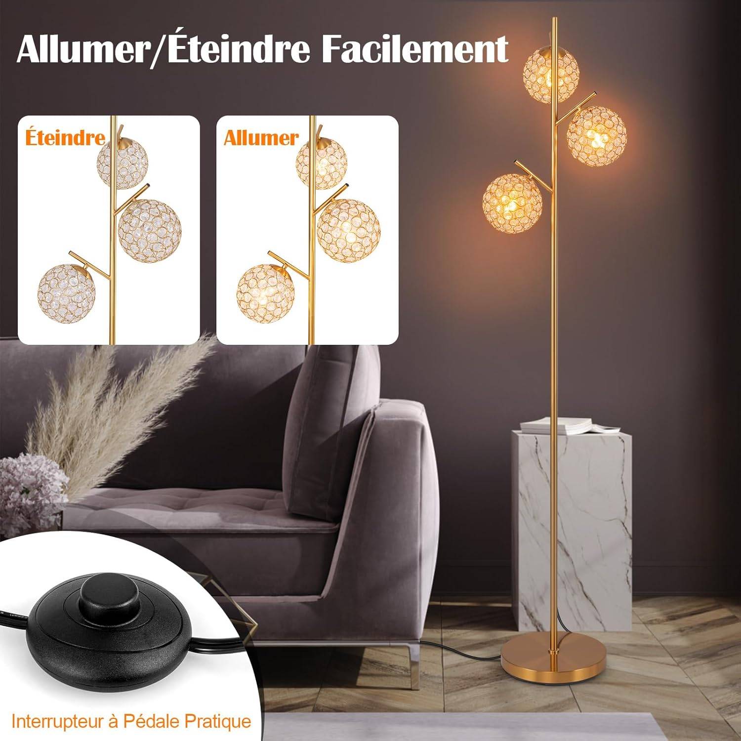 COSTWAY Lampadaire sur Pied Salon, 3 Globes avec Abat-jour,3 Culots d’ampoules E27, Poteau en Métal, Lampadaire Moderne pour Salon, Chambre, Or - Imagen 5