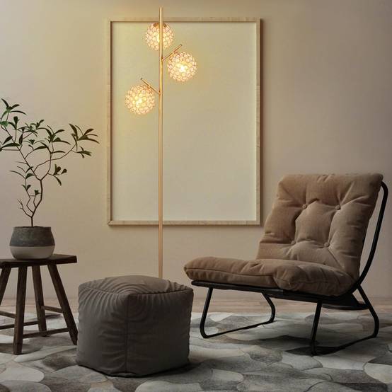 COSTWAY Lampadaire sur Pied Salon, 3 Globes avec Abat-jour,3 Culots d’ampoules E27, Poteau en Métal, Lampadaire Moderne pour Salon, Chambre, Or - Image 3