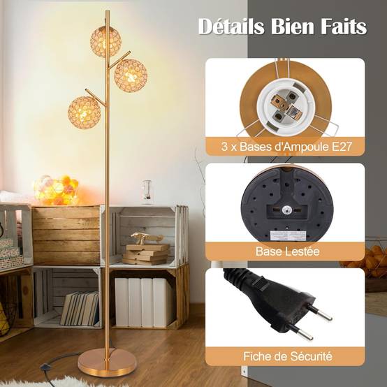 COSTWAY Lampadaire sur Pied Salon, 3 Globes avec Abat-jour,3 Culots d’ampoules E27, Poteau en Métal, Lampadaire Moderne pour Salon, Chambre, Or - Image 8