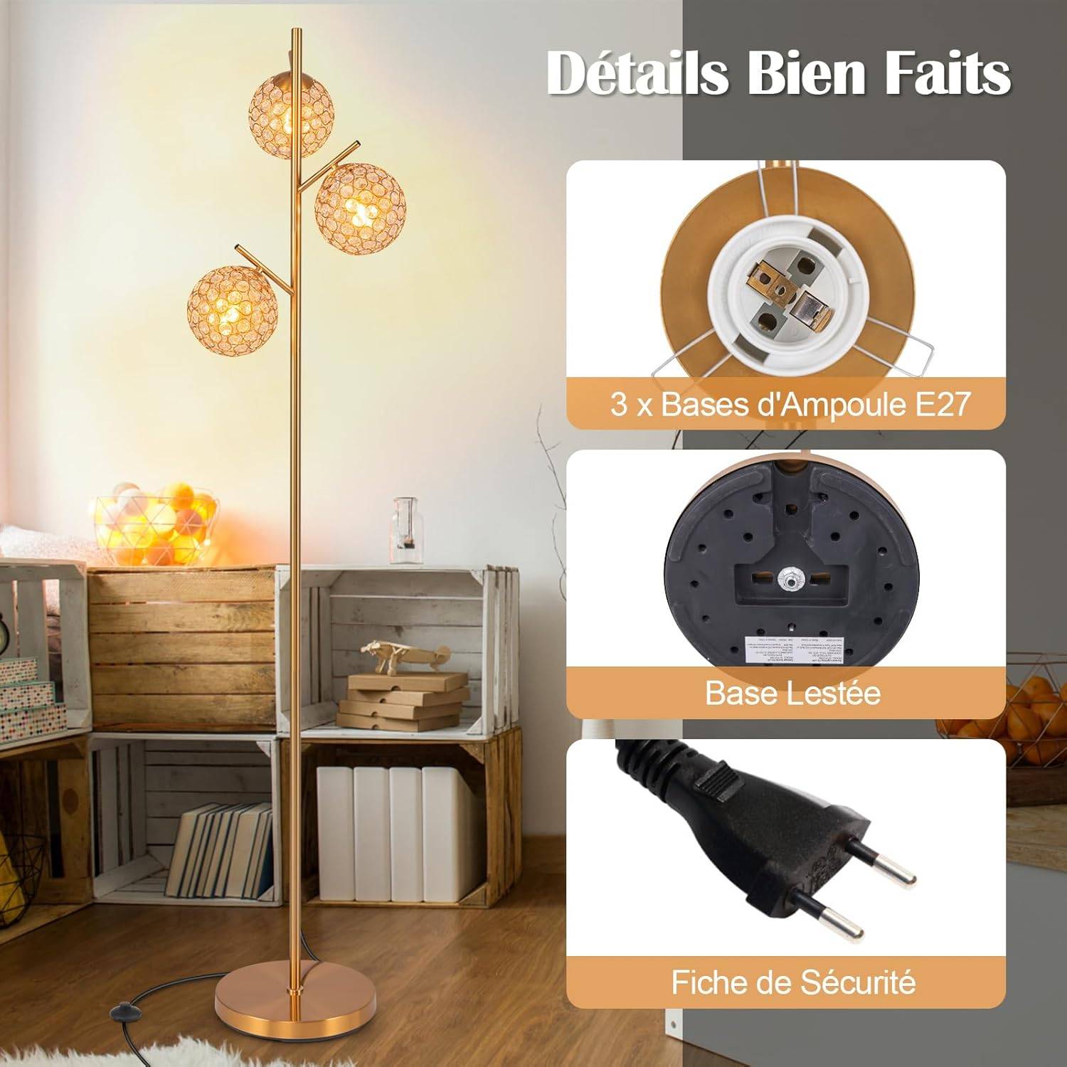 COSTWAY Lampadaire sur Pied Salon, 3 Globes avec Abat-jour,3 Culots d’ampoules E27, Poteau en Métal, Lampadaire Moderne pour Salon, Chambre, Or - Imagen 8