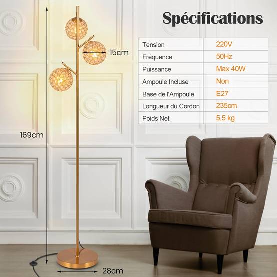 COSTWAY Lampadaire sur Pied Salon, 3 Globes avec Abat-jour,3 Culots d’ampoules E27, Poteau en Métal, Lampadaire Moderne pour Salon, Chambre, Or - Image 4