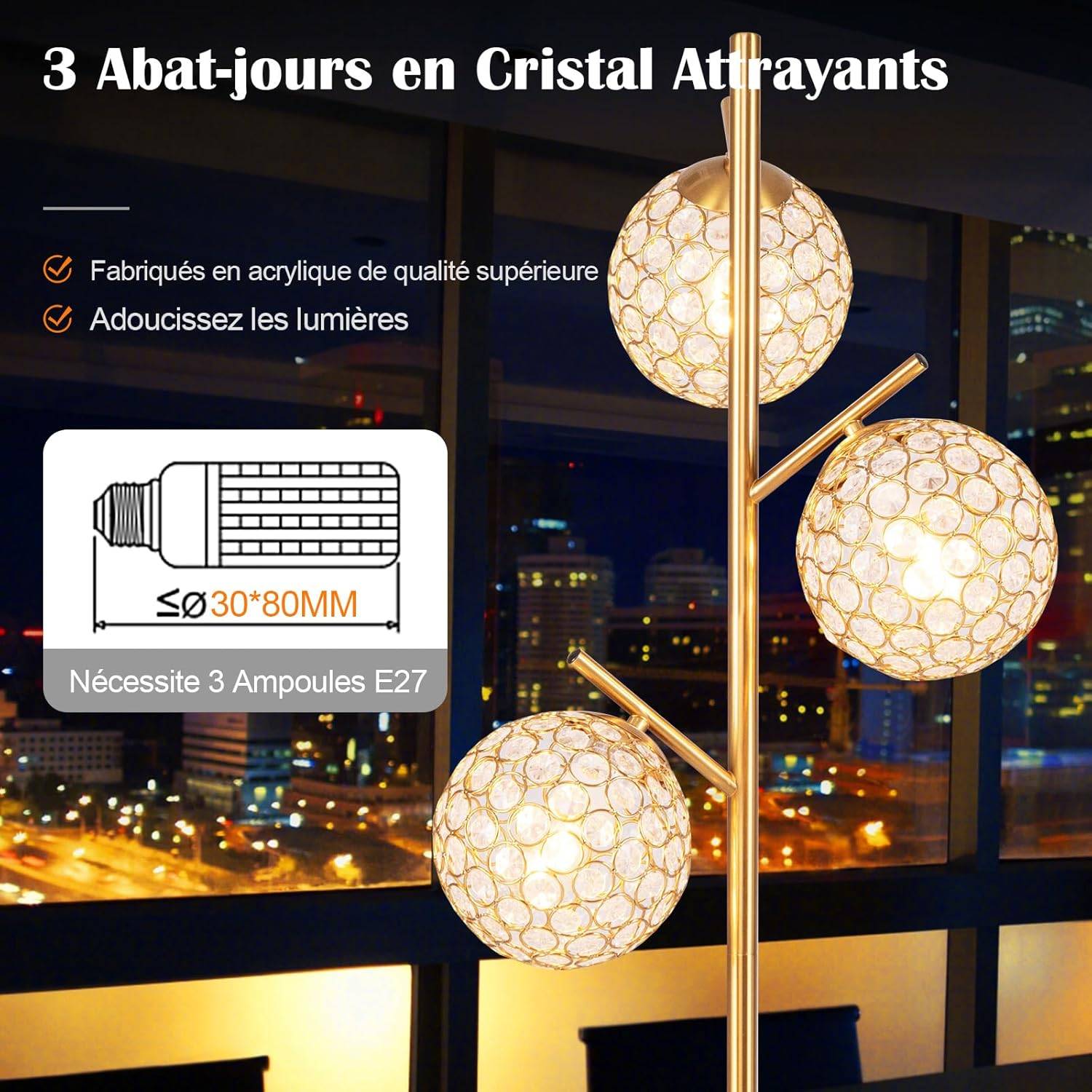 COSTWAY Lampadaire sur Pied Salon, 3 Globes avec Abat-jour,3 Culots d’ampoules E27, Poteau en Métal, Lampadaire Moderne pour Salon, Chambre, Or - Imagen 7