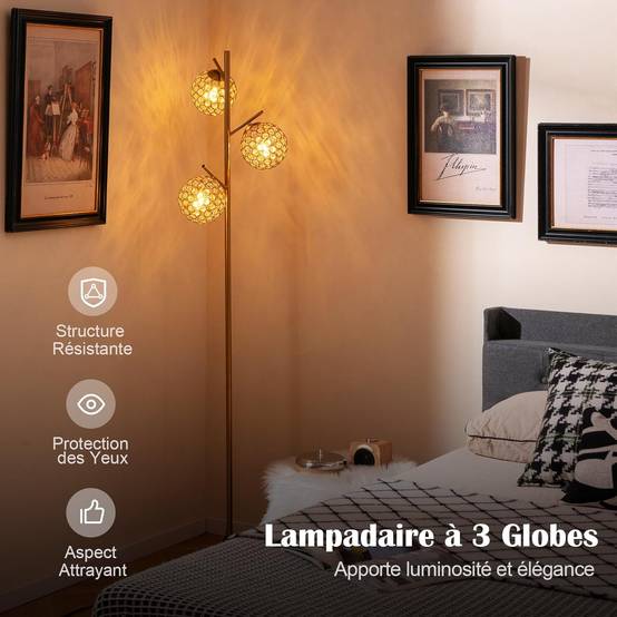COSTWAY Lampadaire sur Pied Salon, 3 Globes avec Abat-jour,3 Culots d’ampoules E27, Poteau en Métal, Lampadaire Moderne pour Salon, Chambre, Or - Image 6