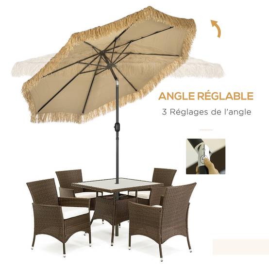 Parasol de jardin extérieur à franges parasol inclinable manivelle - 265x265x250cm Polyester Kaki fr251 - Image 6