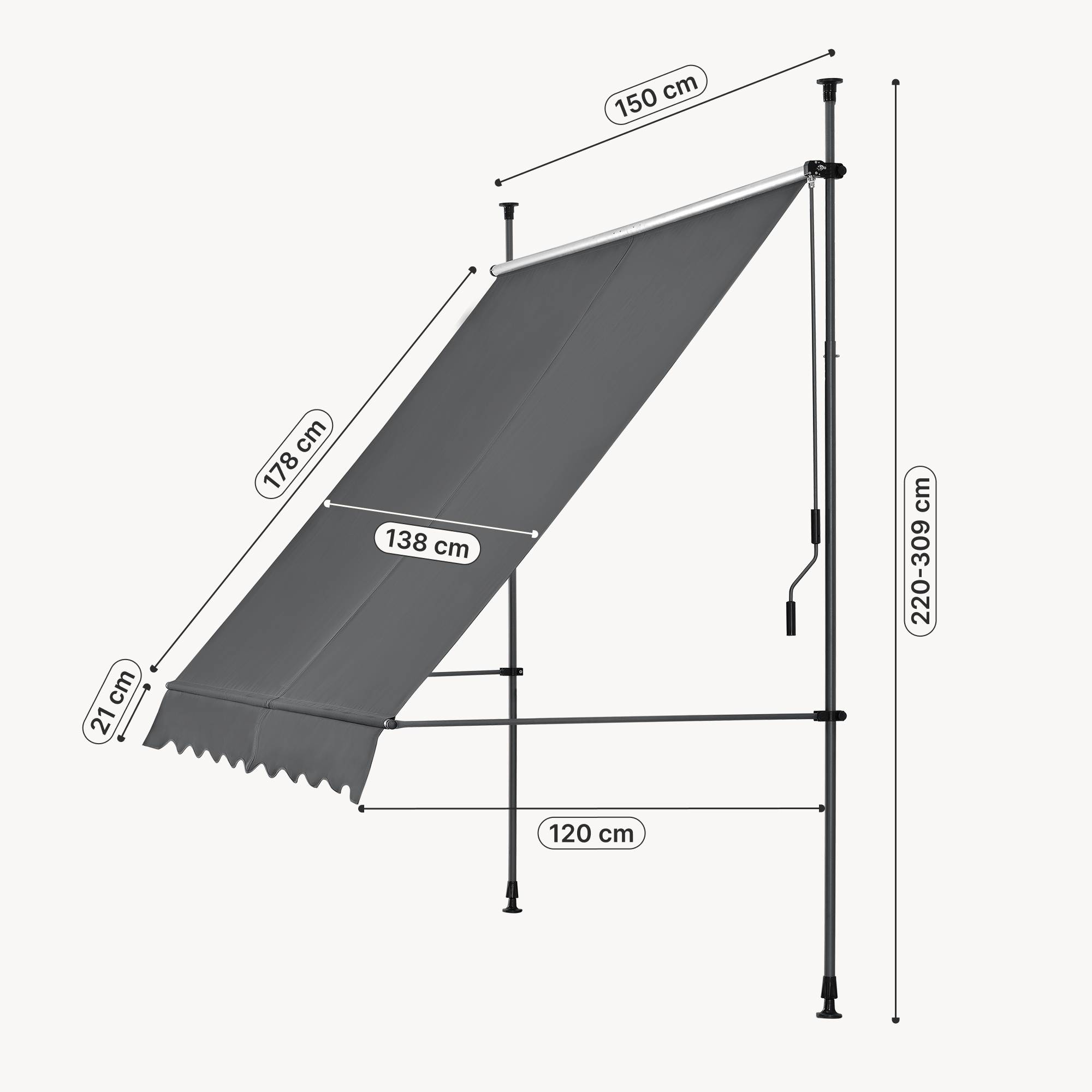 Pro.Tec - Store Banne Manuel Auvent Téléscopique 150 x 120 x 220-309 cm Gris [pro.tec] - Imagen 3