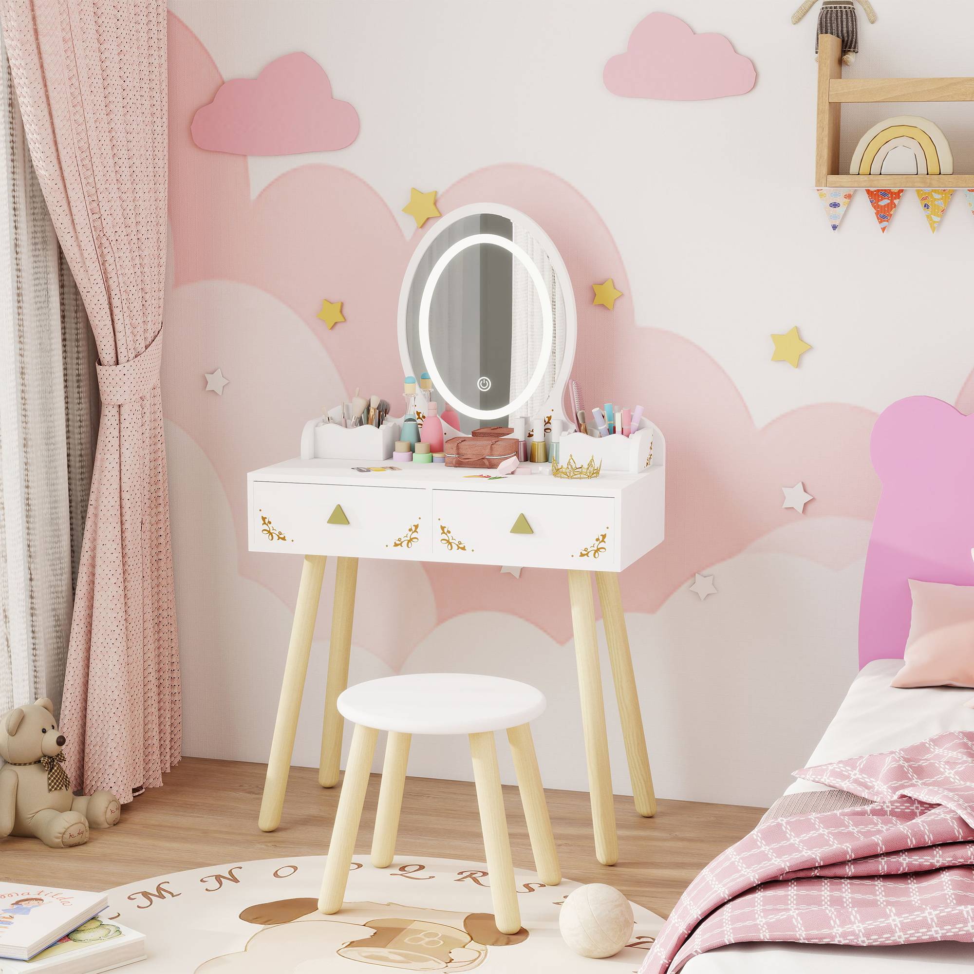Sans Marque - Coiffeuse pour filles avec éclairage LED tricolore, tabouret, miroir, 2 tiroirs et 2 boîtes de rangement - Blanche - Image 4