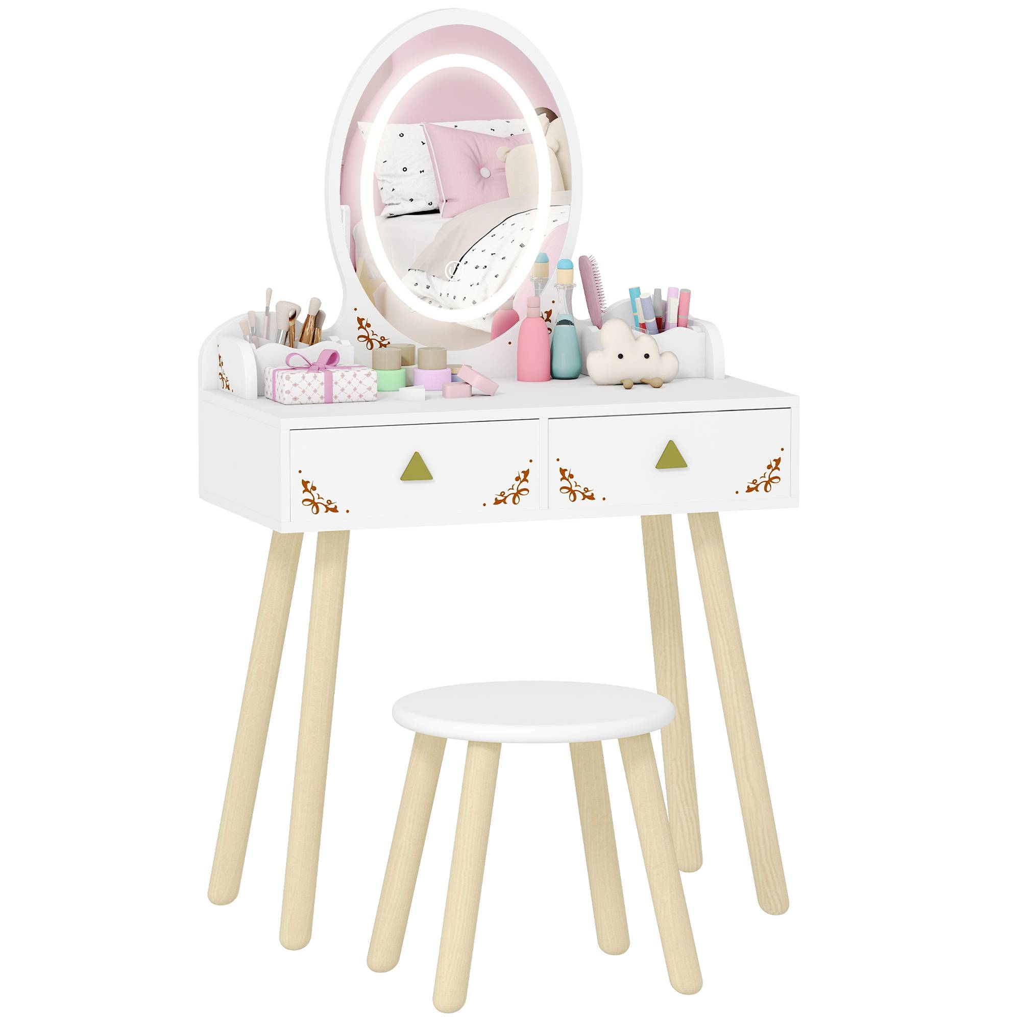 Sans Marque - Coiffeuse pour filles avec éclairage LED tricolore, tabouret, miroir, 2 tiroirs et 2 boîtes de rangement - Blanche - Image 1