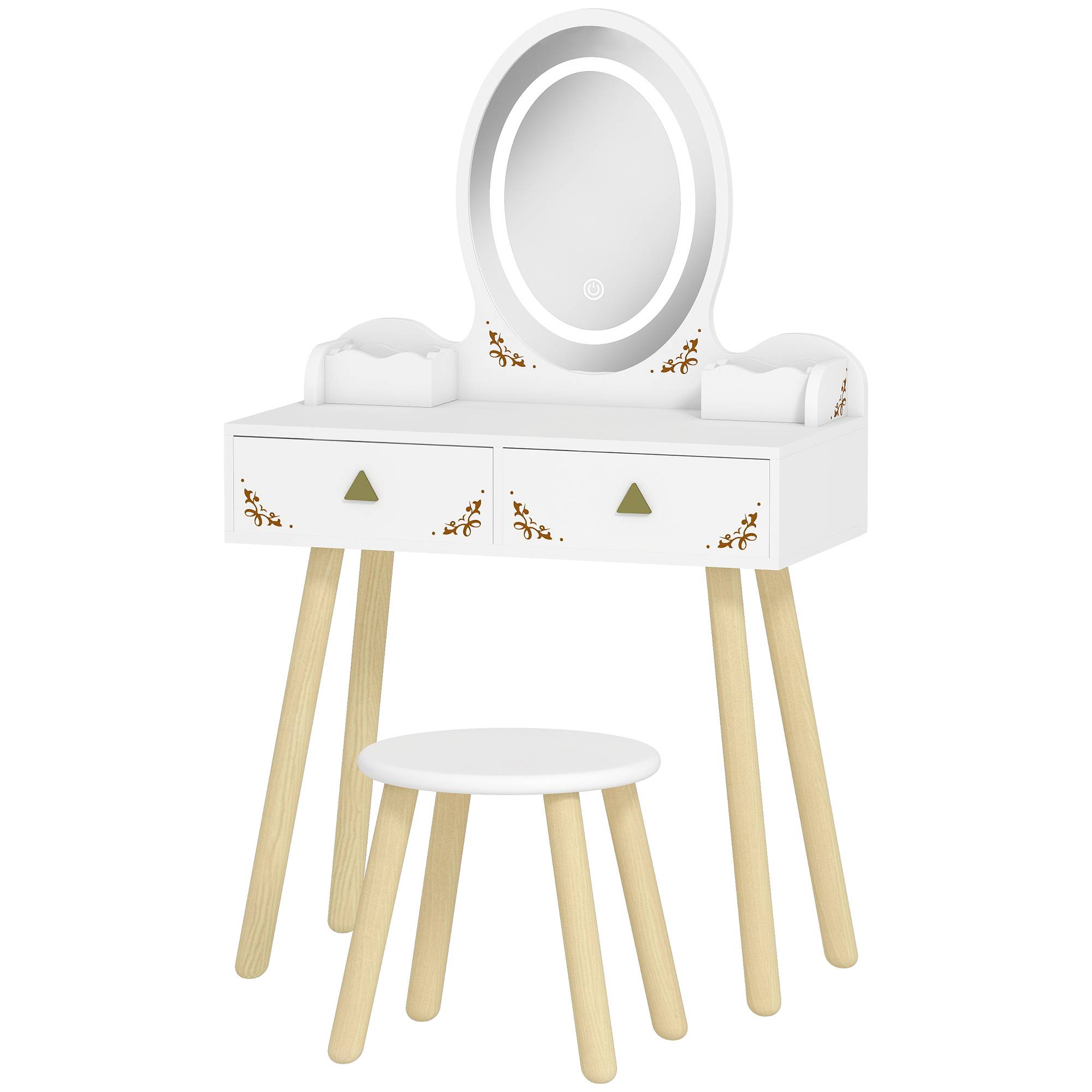 Sans Marque - Coiffeuse pour filles avec éclairage LED tricolore, tabouret, miroir, 2 tiroirs et 2 boîtes de rangement - Blanche - Image 2
