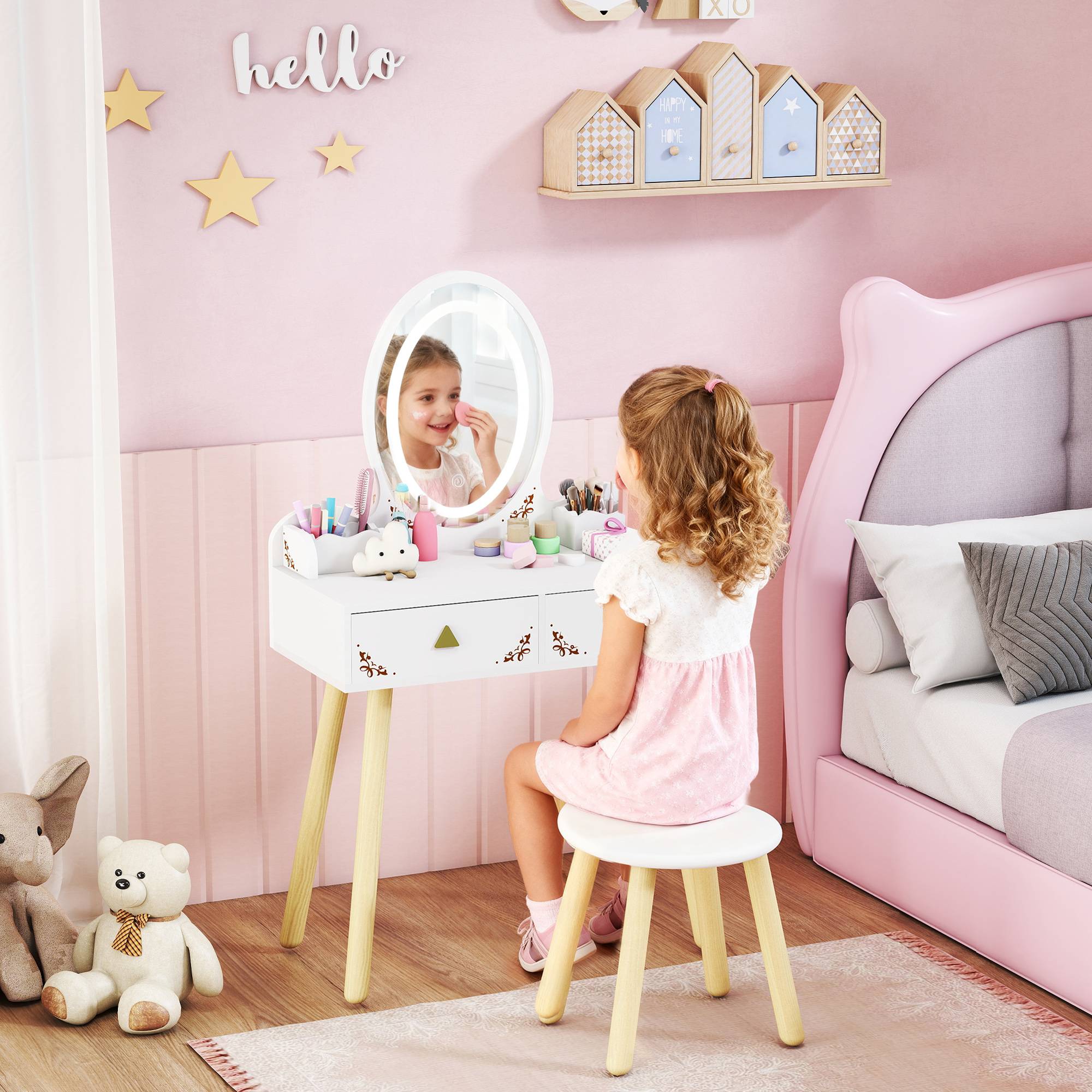 Sans Marque - Coiffeuse pour filles avec éclairage LED tricolore, tabouret, miroir, 2 tiroirs et 2 boîtes de rangement - Blanche - Image 3