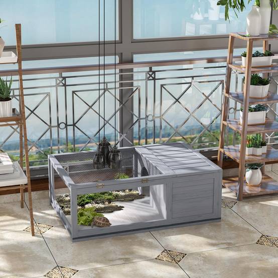 Maison enclos tortue bois sapin habitat intérieur extérieur 91x60x32cm gris - ComfortXL Outdoor Living - Image 3