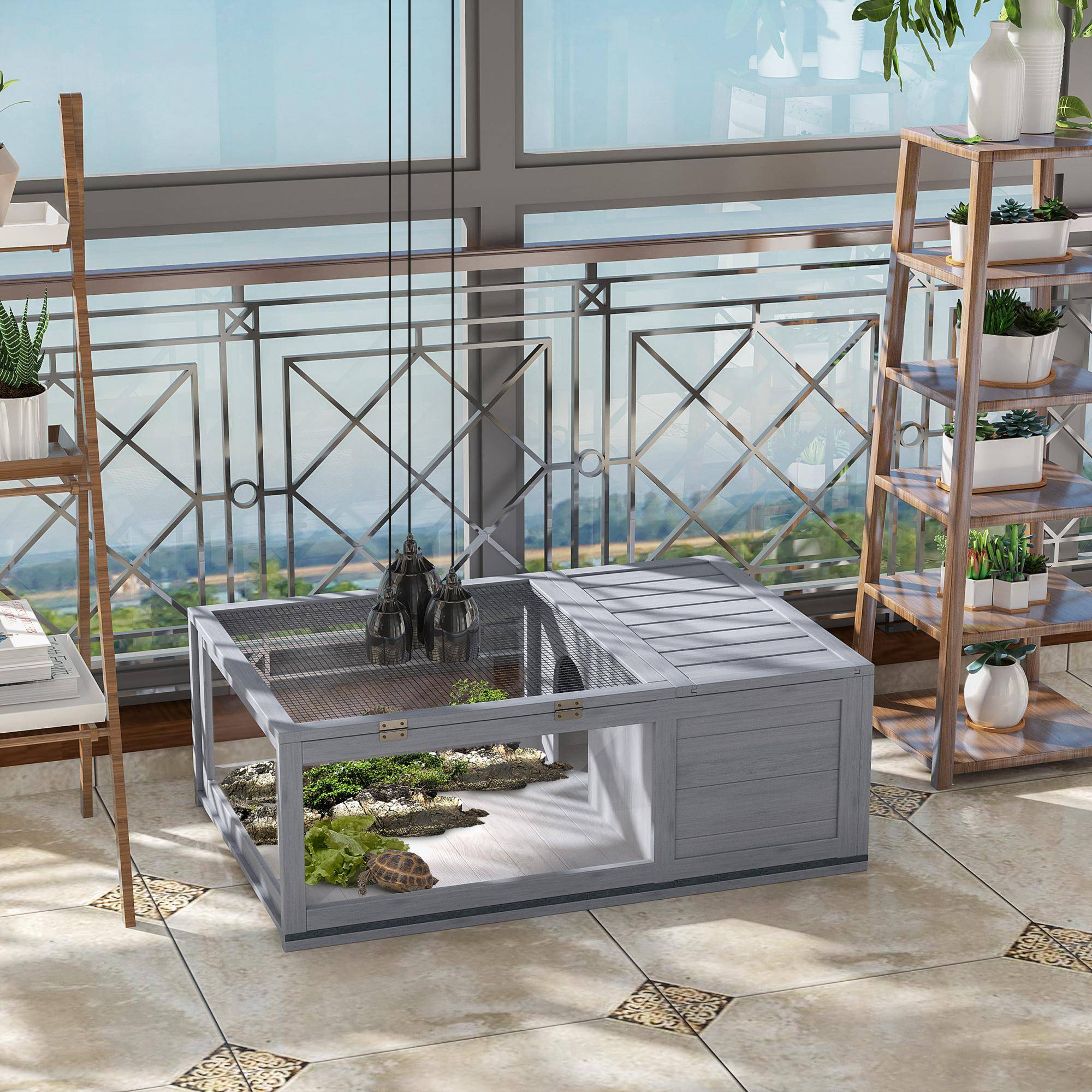 Maison enclos tortue bois sapin habitat intérieur extérieur 91x60x32cm gris - ComfortXL Outdoor Living - Image 3