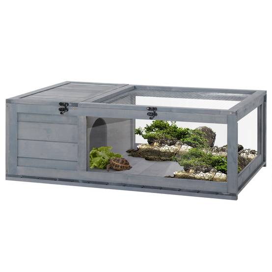Maison enclos tortue bois sapin habitat intérieur extérieur 91x60x32cm gris - ComfortXL Outdoor Living - Image 1