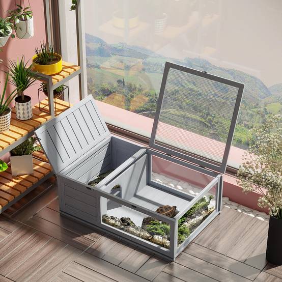Maison enclos tortue bois sapin habitat intérieur extérieur 91x60x32cm gris - ComfortXL Outdoor Living - Image 4