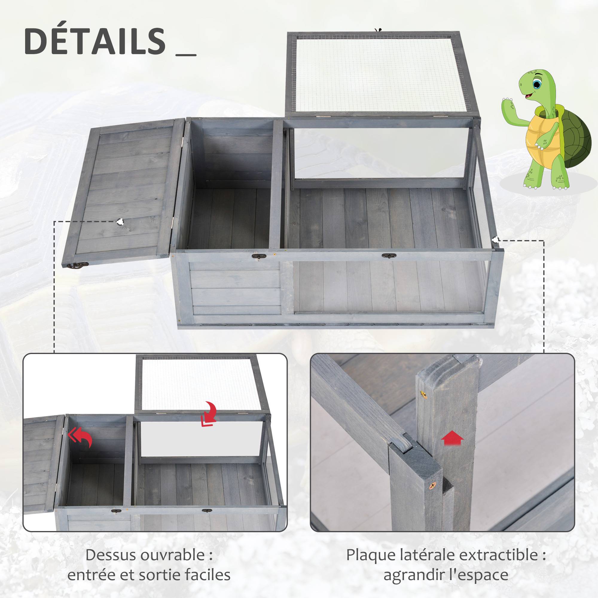 Maison enclos tortue bois sapin habitat intérieur extérieur 91x60x32cm gris - ComfortXL Outdoor Living - Image 7
