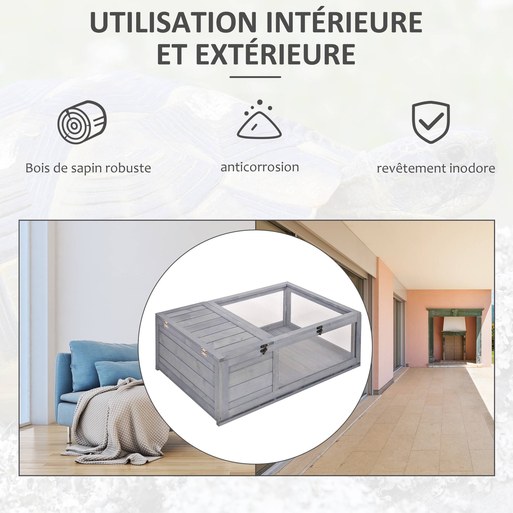 Maison enclos tortue bois sapin habitat intérieur extérieur 91x60x32cm gris - ComfortXL Outdoor Living - Image 6
