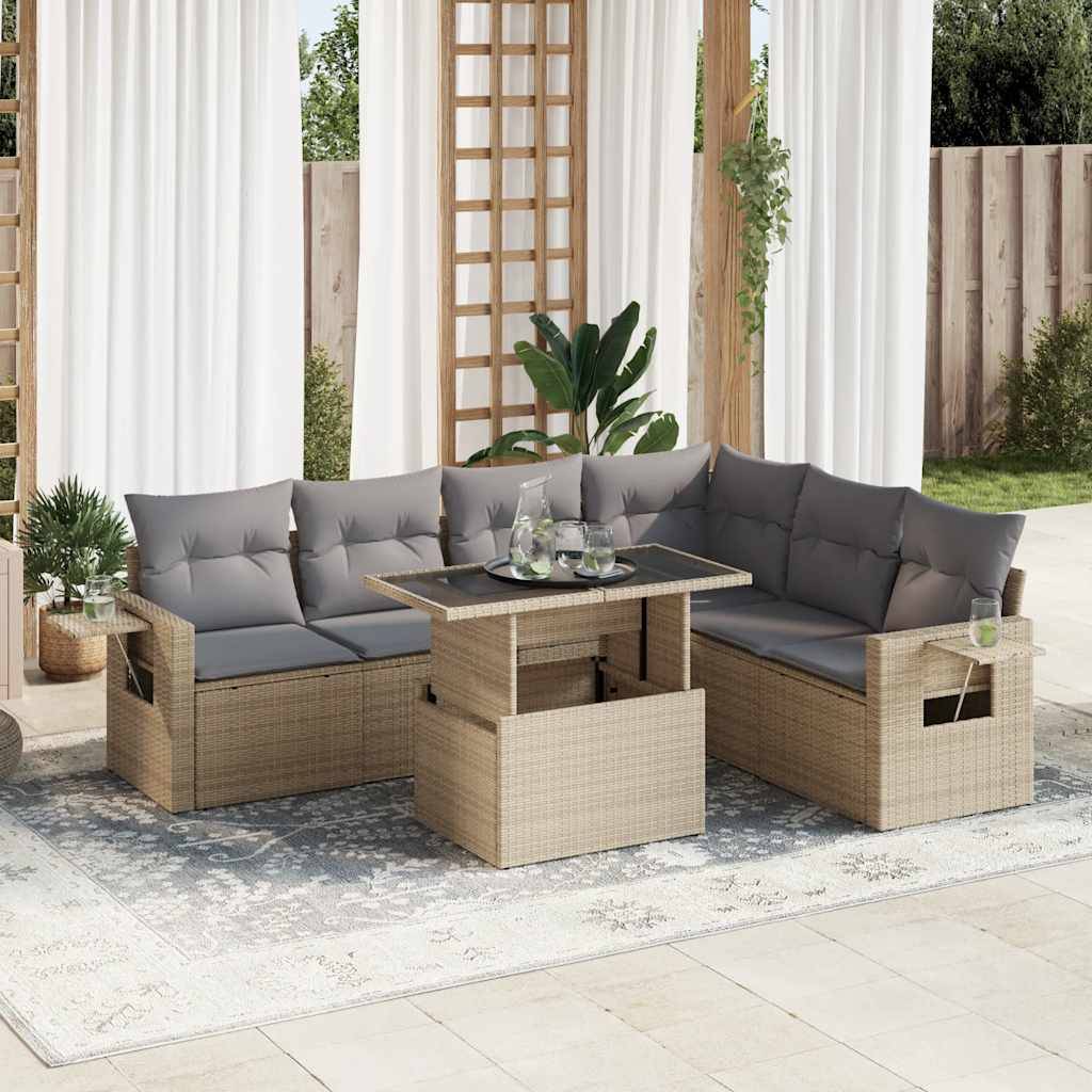 Ensemble de jardin 7 pièces résine tressée avec table relevable et coffres de rangement Beige – ComfortXL Outdoor Living - Image 1