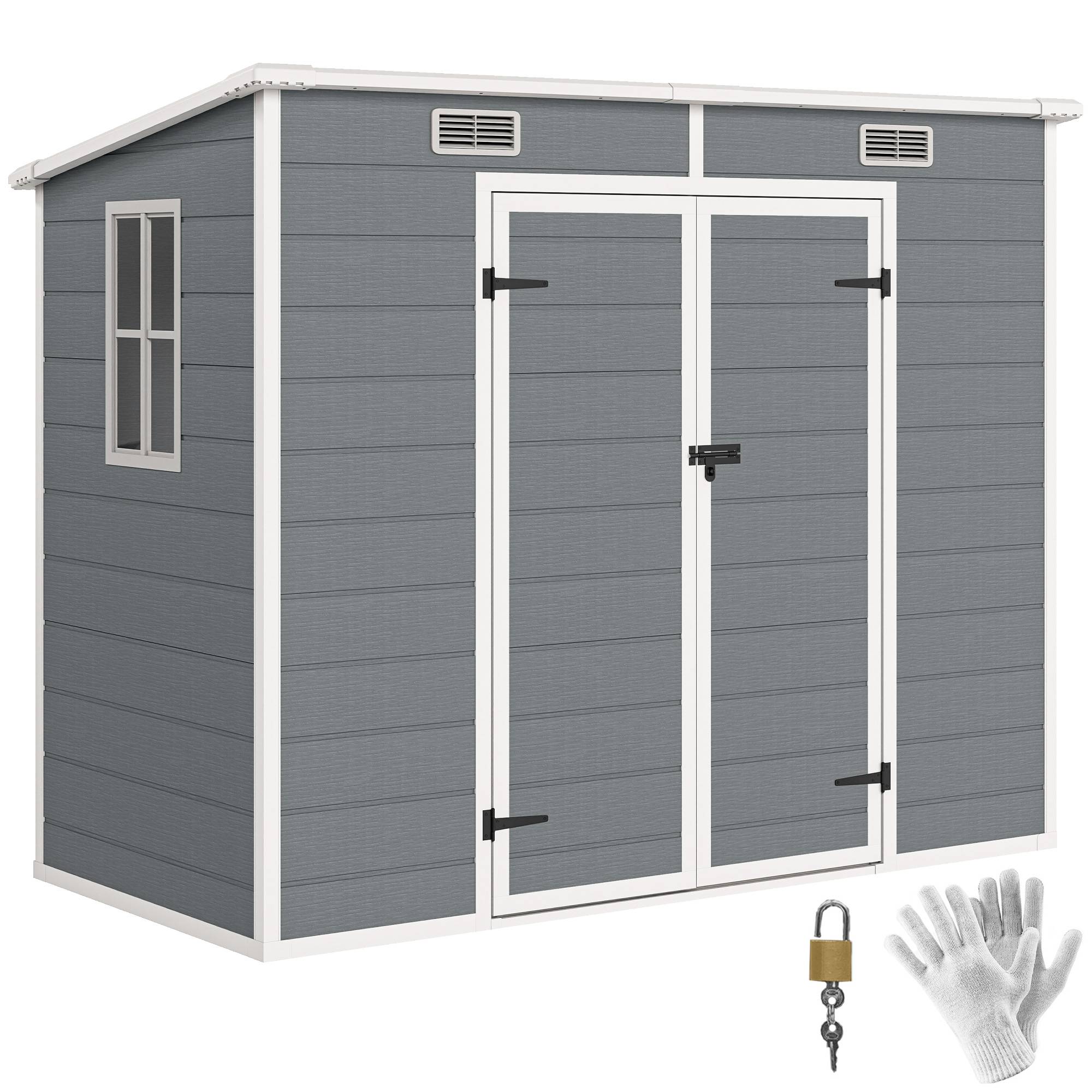 Abri de jardin plastique avec plancher 2,4x1,3 m fenêtre portes verrouillables rangement terrasse jardin gris