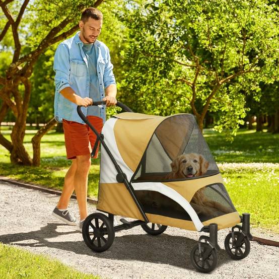 Poussette pliable pour grands chiens, chariot animal à 4 roues, laisses de sécurité, freins, marron - Image 2