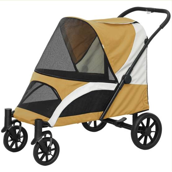 Poussette pliable pour grands chiens, chariot animal à 4 roues, laisses de sécurité, freins, marron - Image 1