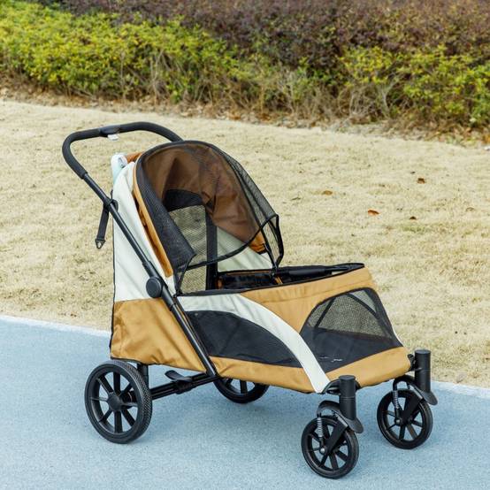 Poussette pliable pour grands chiens, chariot animal à 4 roues, laisses de sécurité, freins, marron - Image 8
