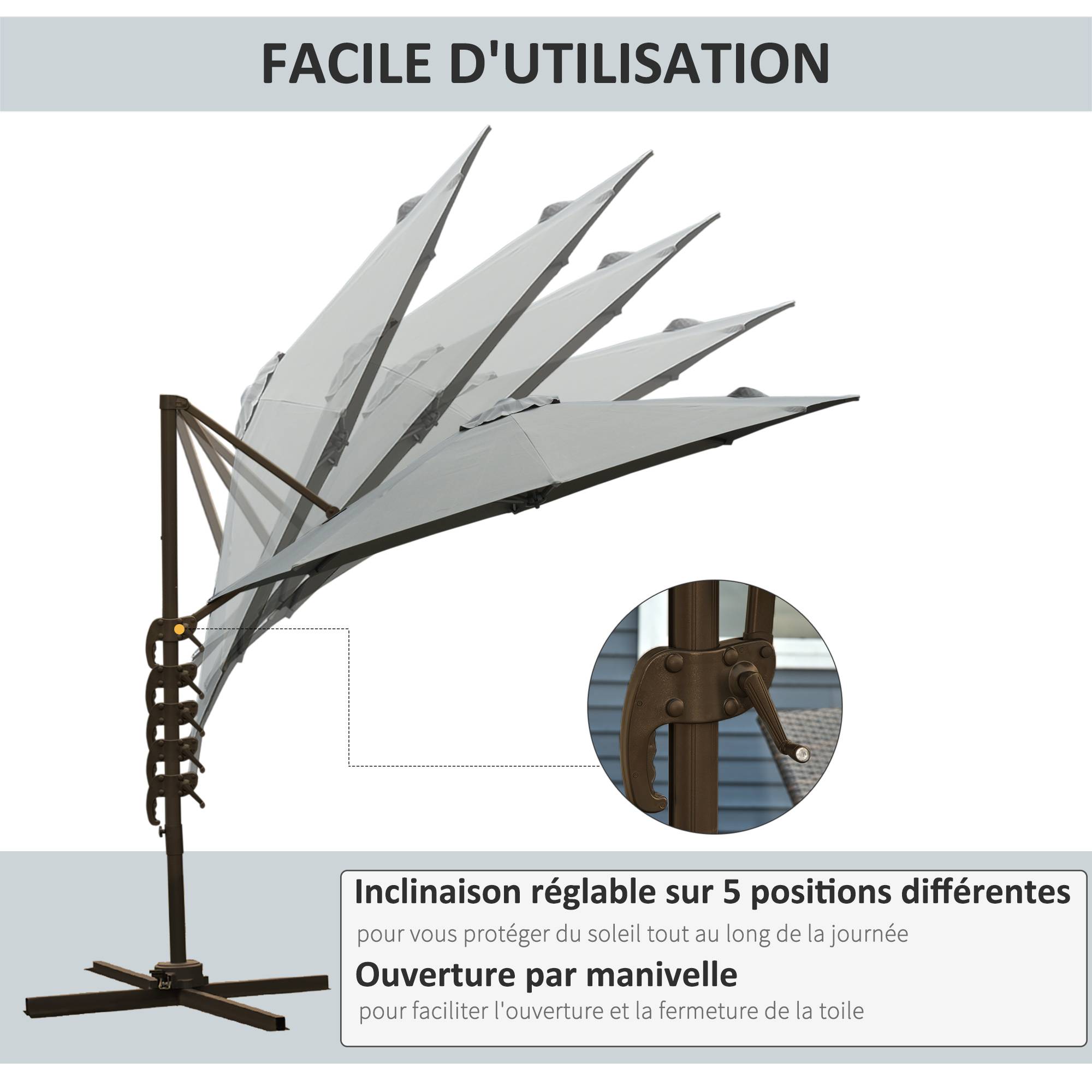 Parasol déporté Polyester Gris 295x295x250 cm - Image 6