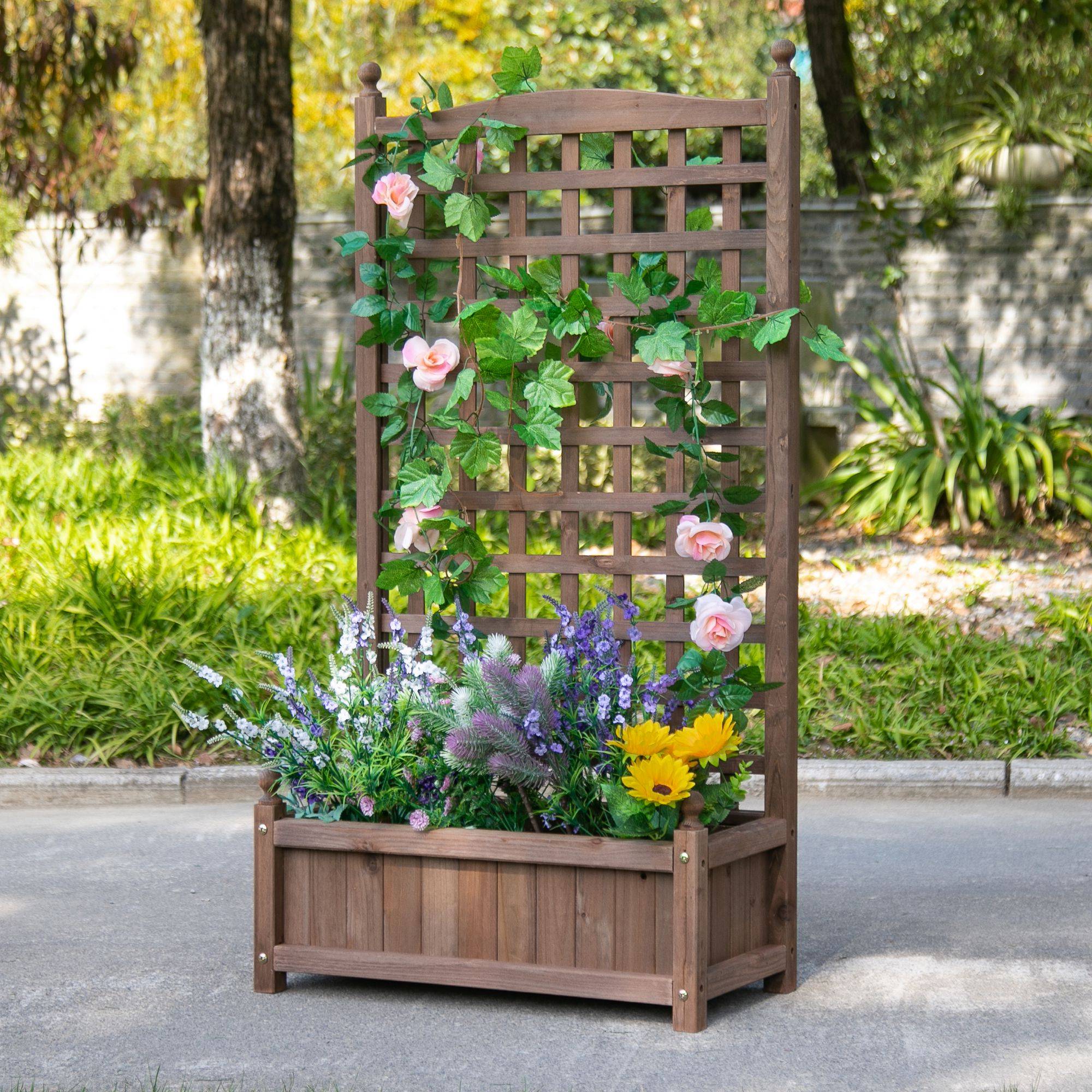 Bac surélevé avec treillis, jardinière fleurs, arche rosier, bois, 64x28x120 cm, brun foncé - Image 3