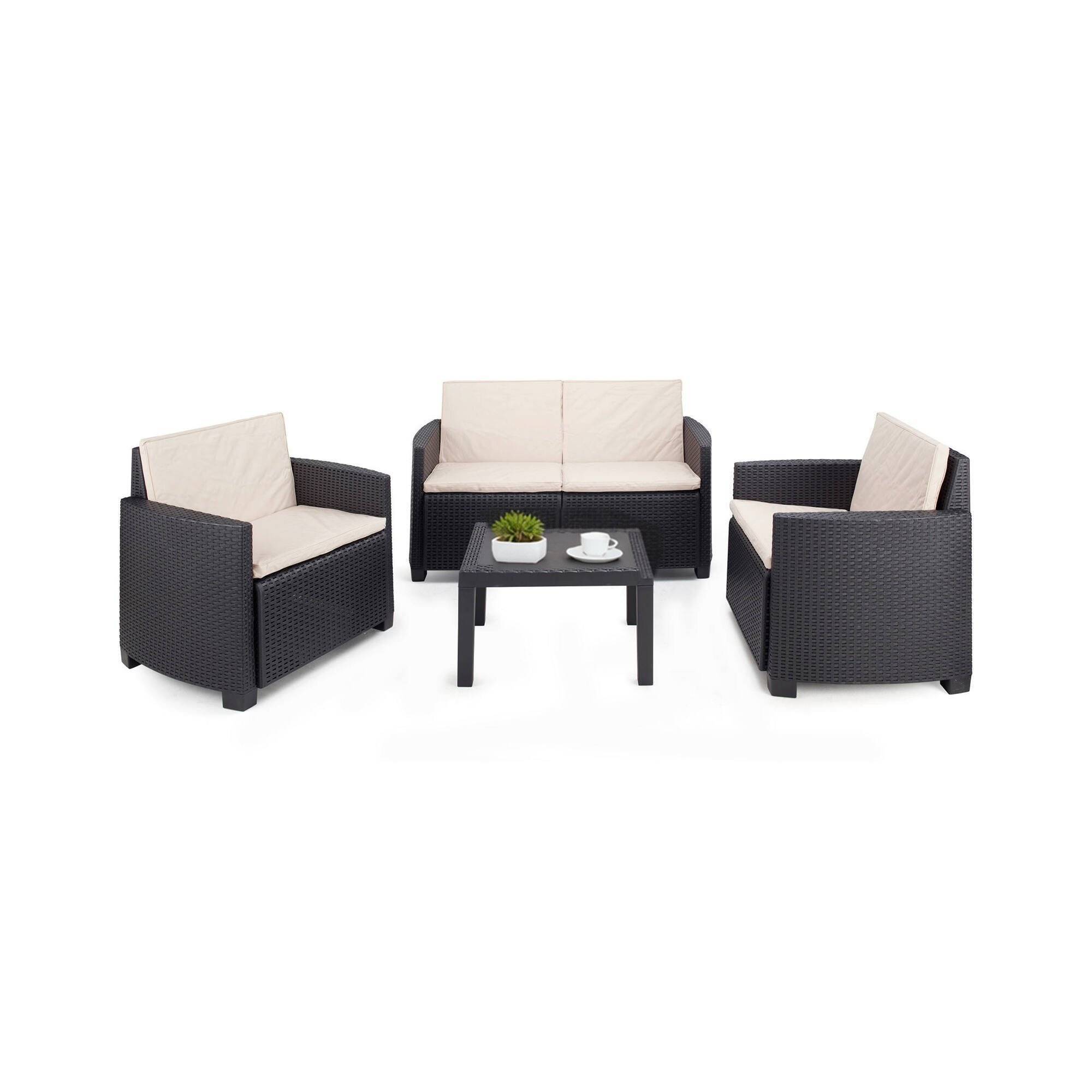 Dmora - Salon d'extérieur Dmasucc, Composition de jardin avec 2 fauteuils, 1 canapé et 1 table basse, Salon effet rotin avec coussins, Anthracite - Dmora - Imagen 1