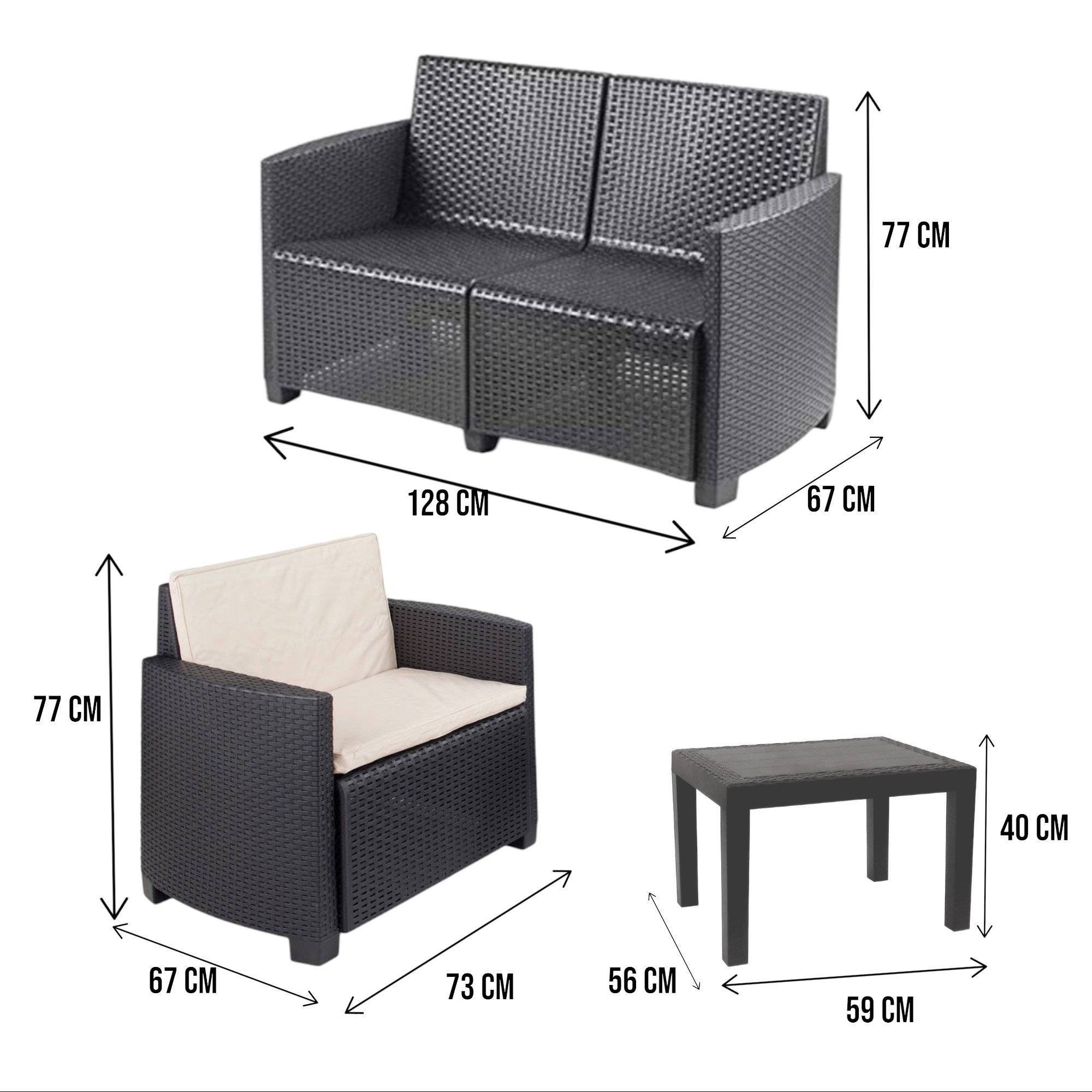 Dmora - Salon d'extérieur Dmasucc, Composition de jardin avec 2 fauteuils, 1 canapé et 1 table basse, Salon effet rotin avec coussins, Anthracite - Dmora - Imagen 3