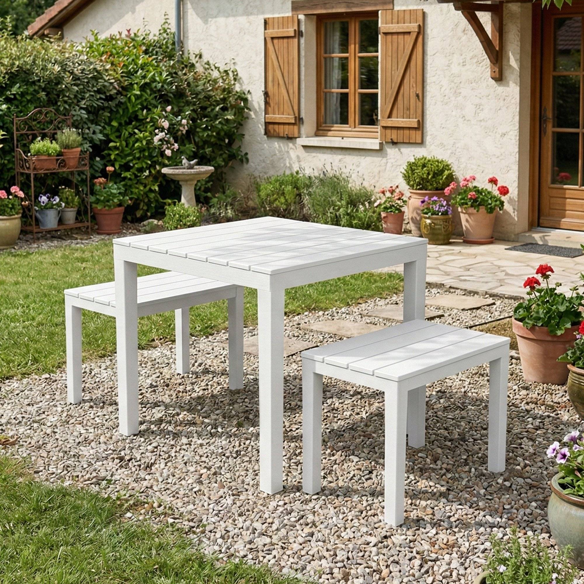 Dmora - Salon d'extérieur Dkabash, Composition de jardin avec 1 table carrée et 2 bancs, Salon intérieur et extérieur de Pic Nic, Blanc - Dmora - Imagen 2