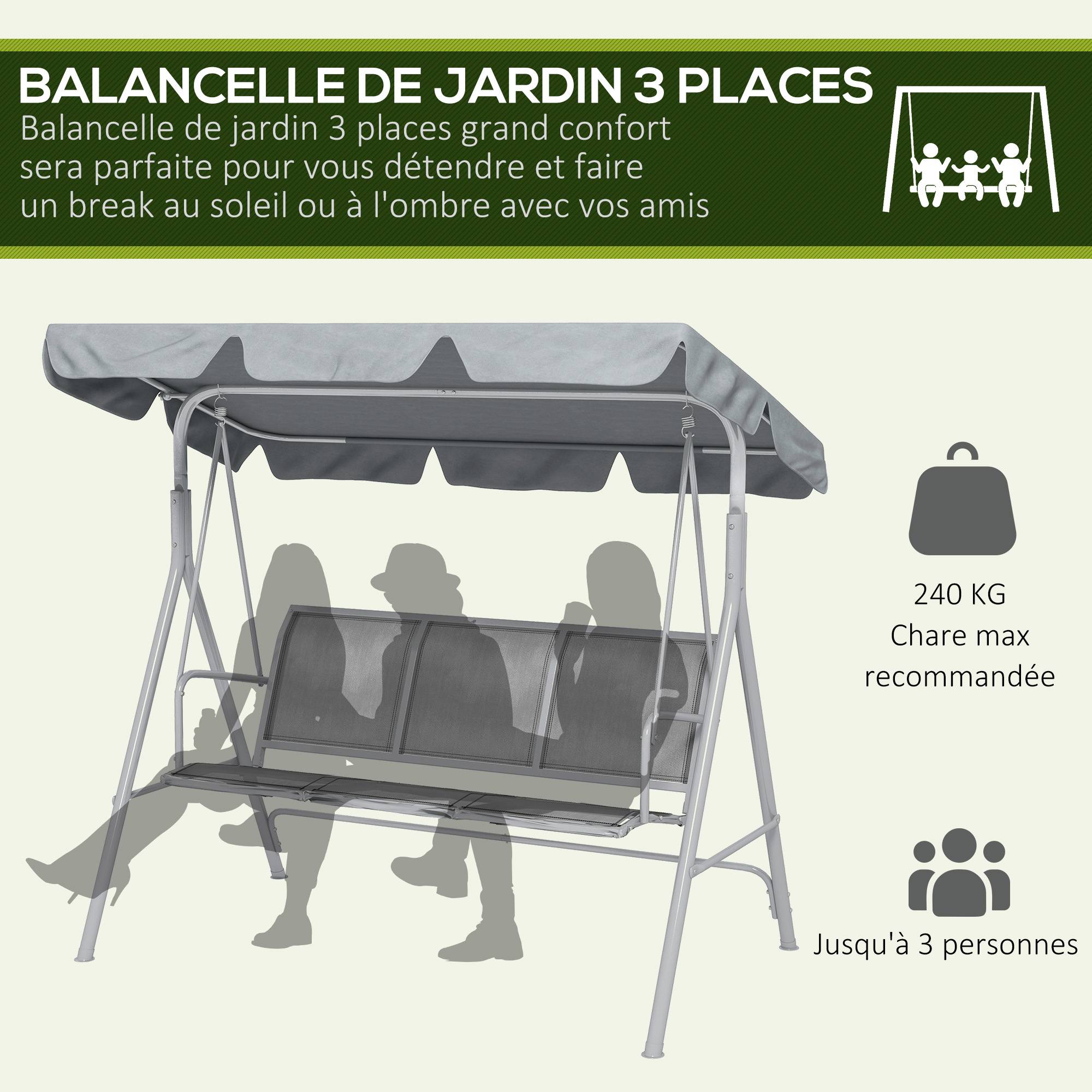 Balancelle de Jardin 3 Places Grand Confort Toit imperméabilisé Inclinaison réglable Assise et Dossier Ergonomique Gris - Image 9