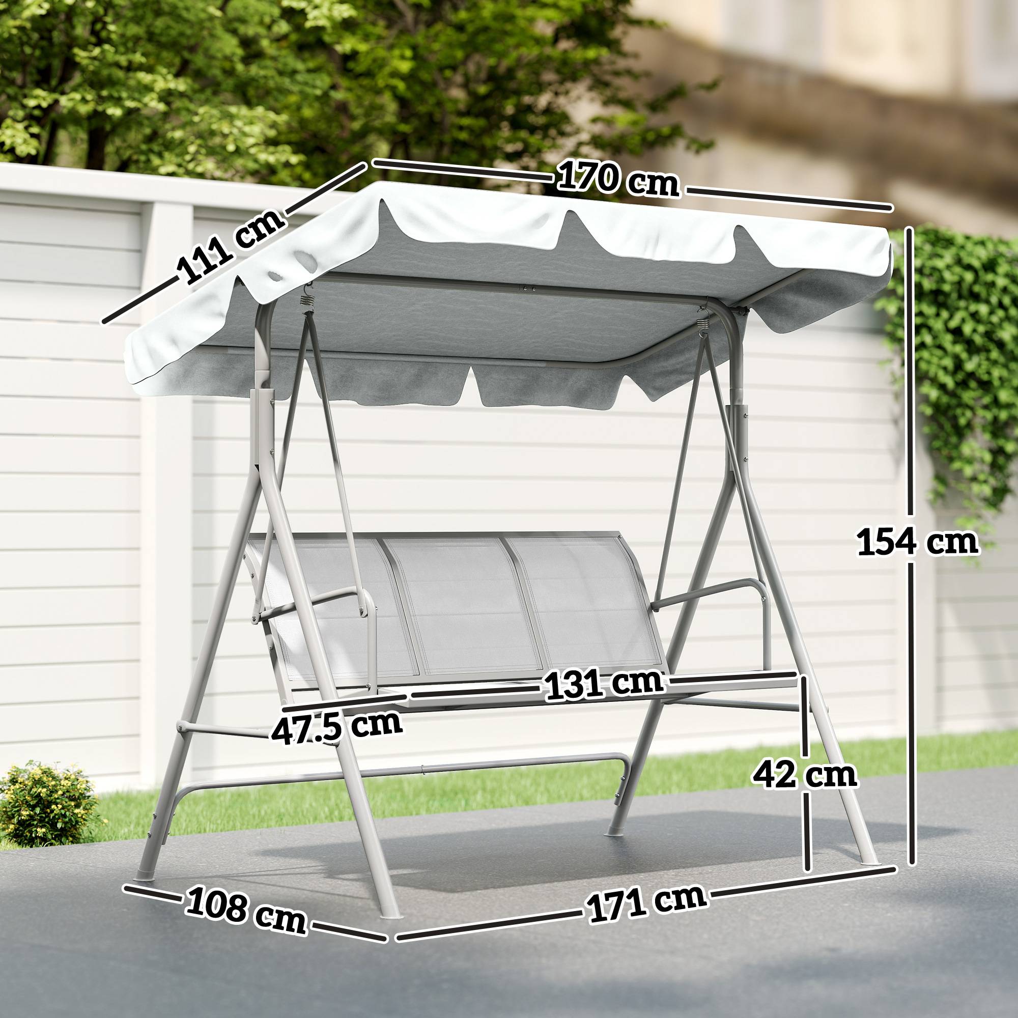 Balancelle de Jardin 3 Places Grand Confort Toit imperméabilisé Inclinaison réglable Assise et Dossier Ergonomique Gris - Image 5